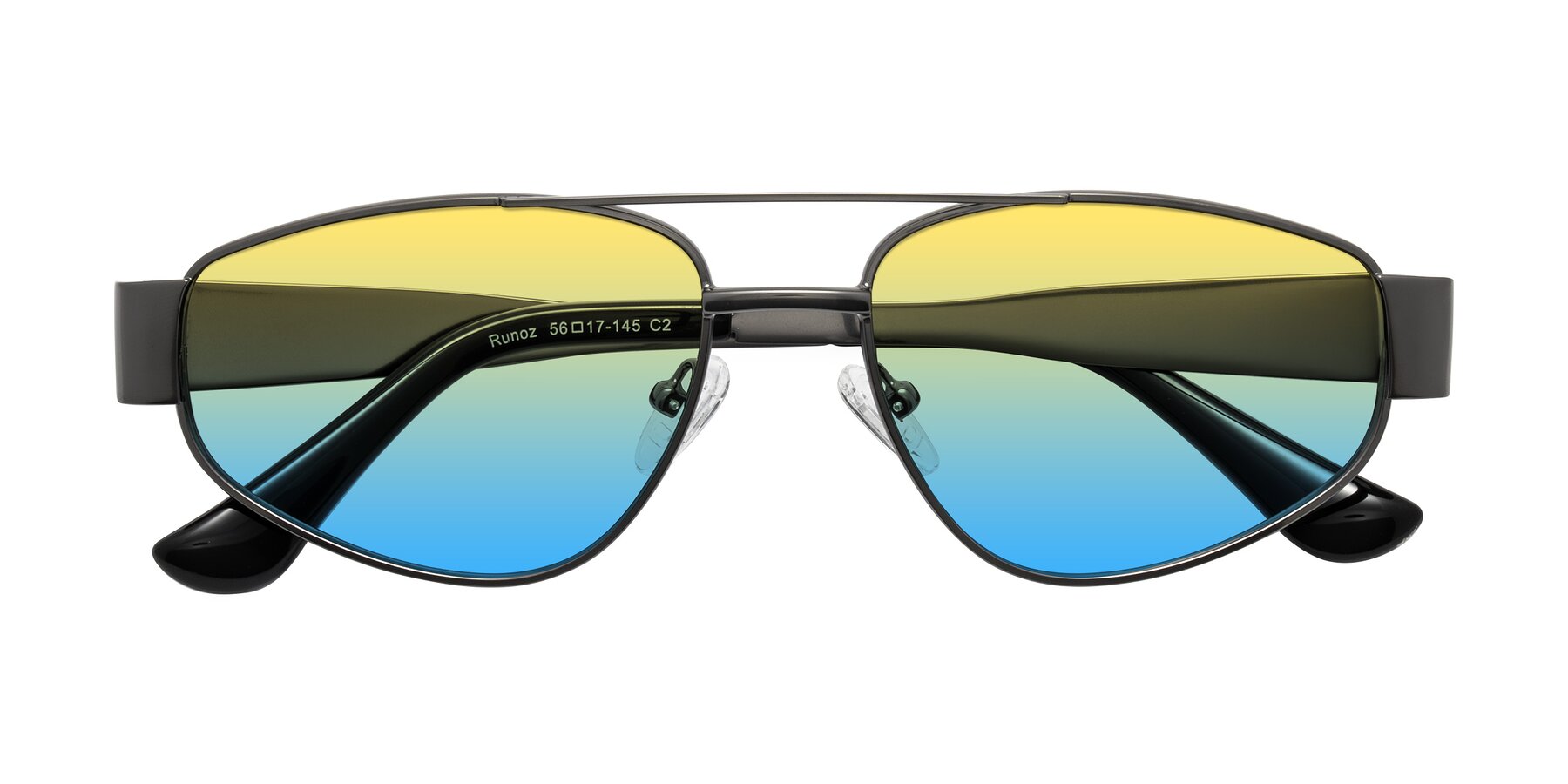 Folded Front of Runoz in Gunmetal with Yellow / Blue Gradient Lenses
