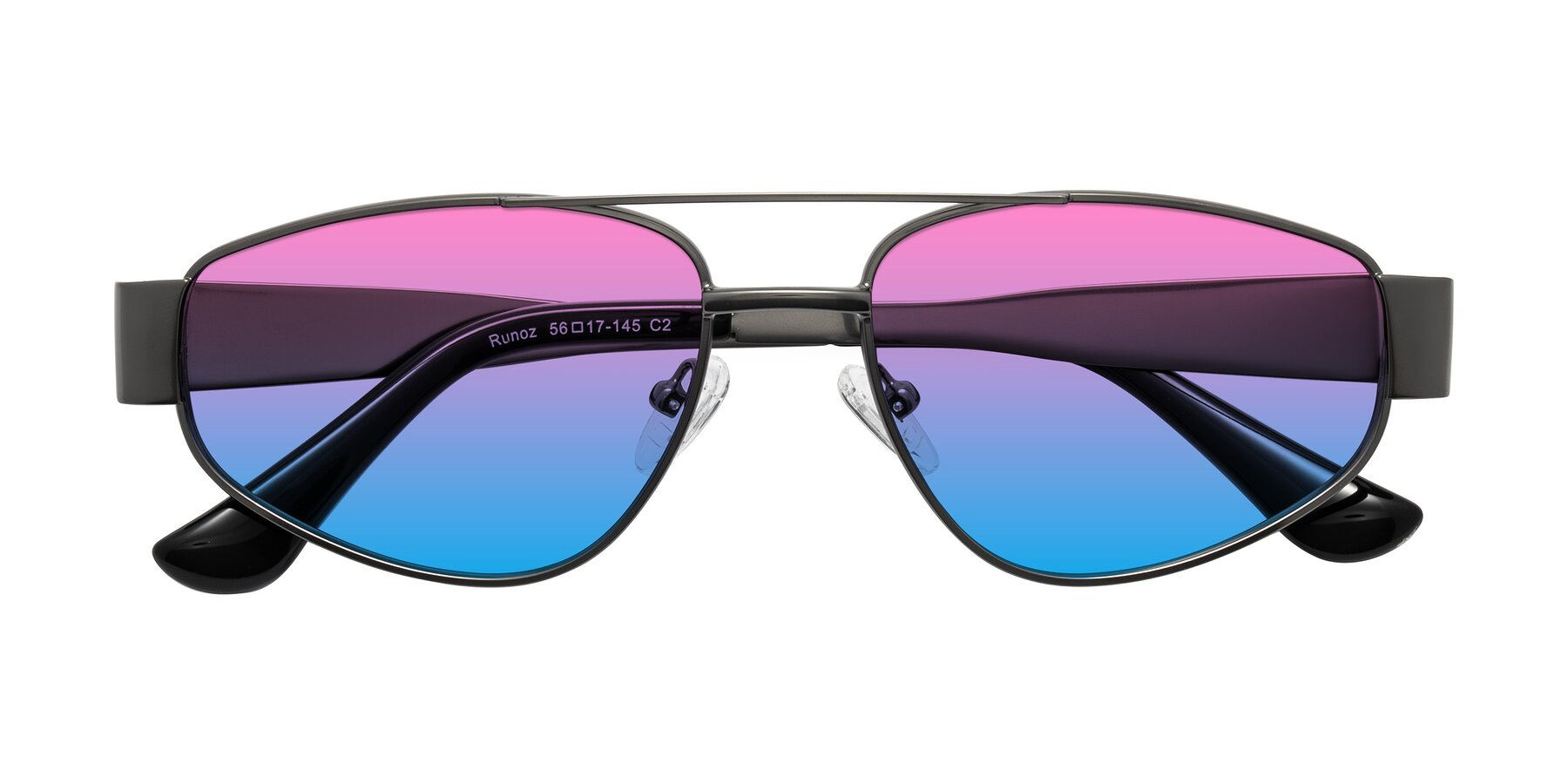 Folded Front of Runoz in Gunmetal with Pink / Blue Gradient Lenses