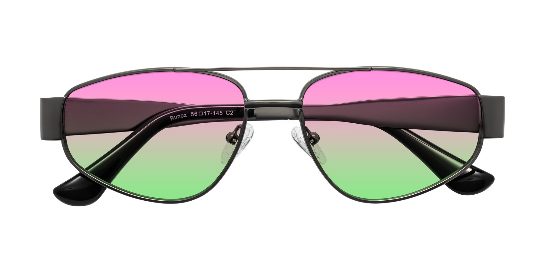 Folded Front of Runoz in Gunmetal with Pink / Green Gradient Lenses