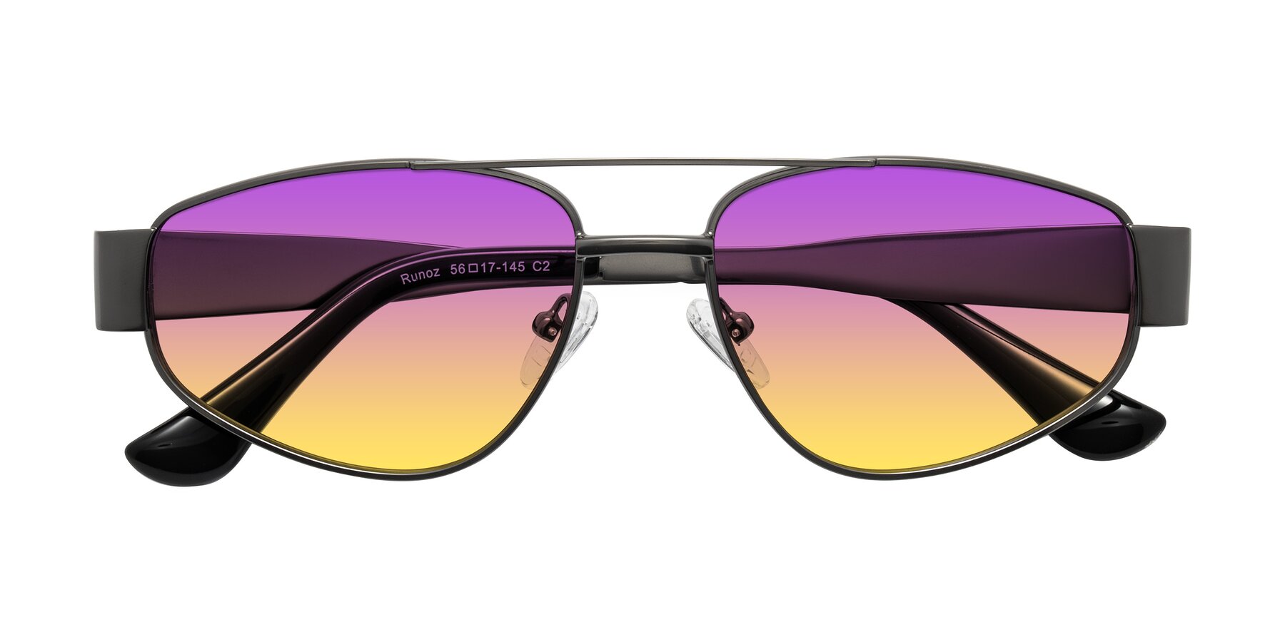 Folded Front of Runoz in Gunmetal with Purple / Yellow Gradient Lenses