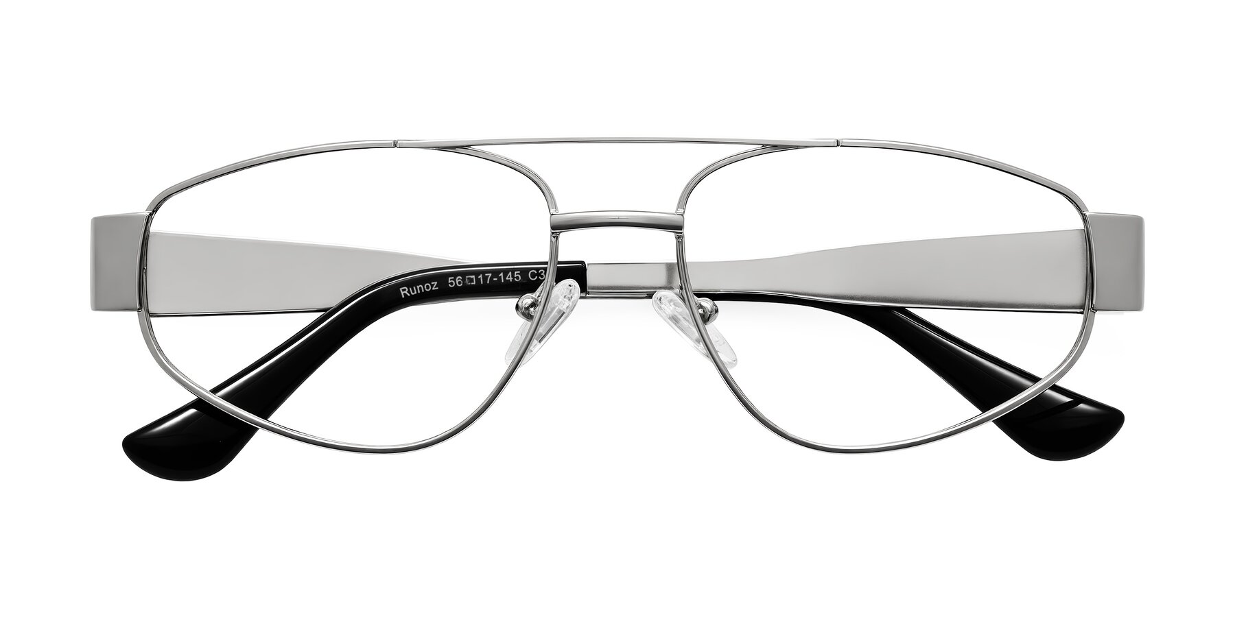 Folded Front of Runoz in Silver with Clear Eyeglass Lenses