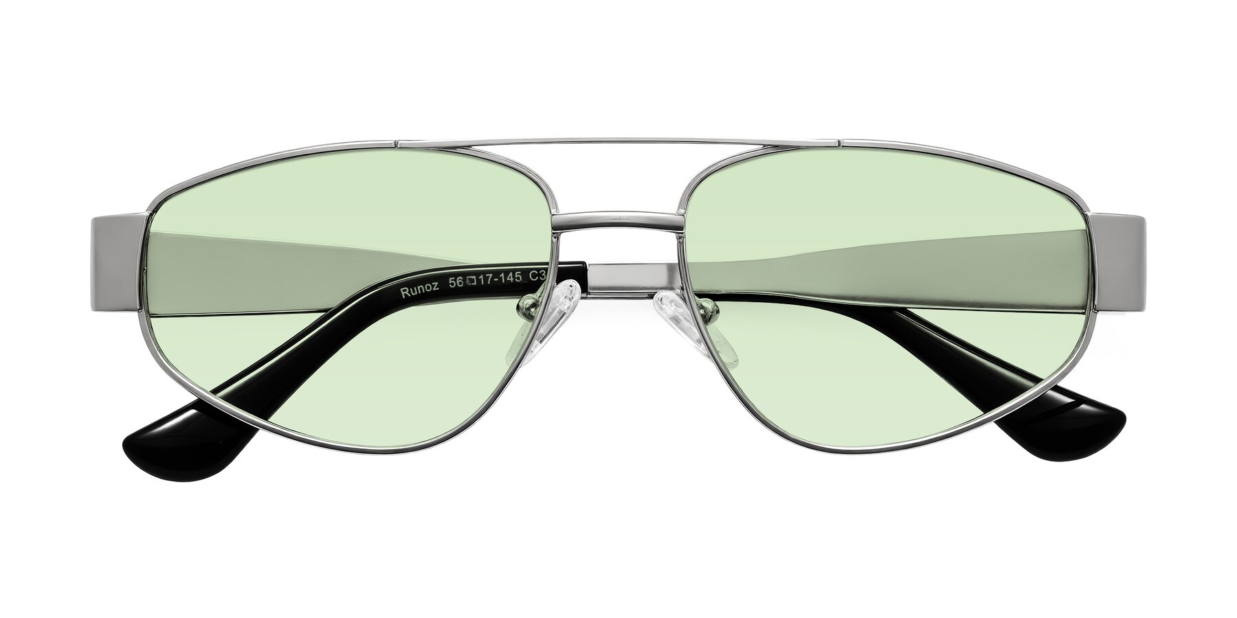 Folded Front of Runoz in Silver with Light Green Tinted Lenses