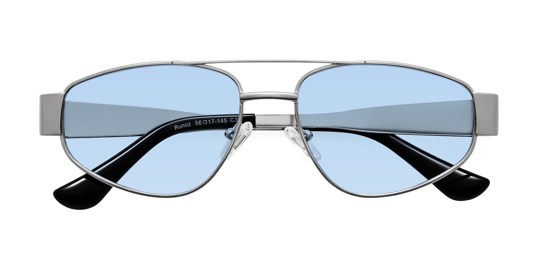 Folded Front of Runoz in Silver with Light Blue Tinted Lenses