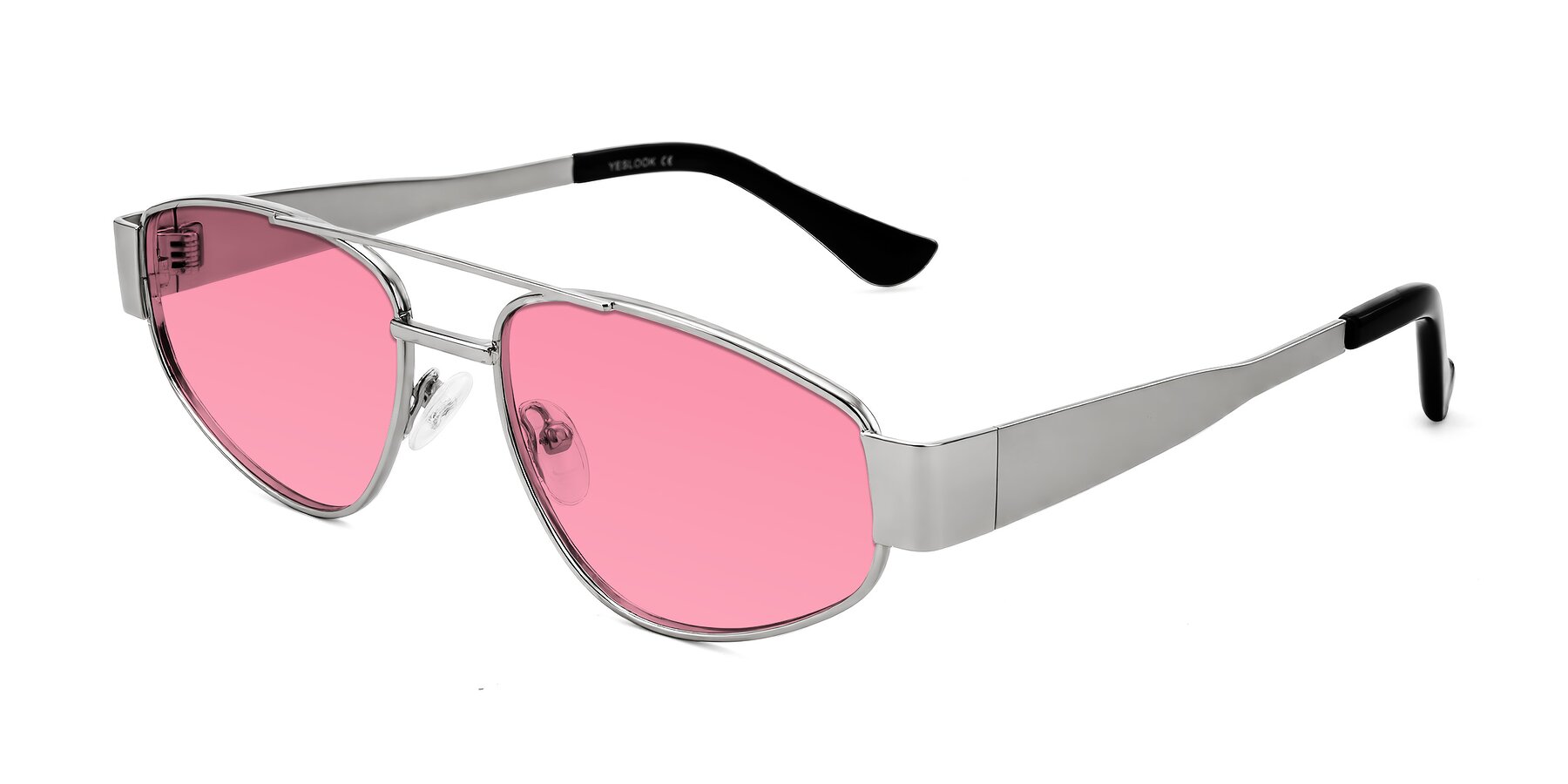 Angle of Runoz in Silver with Pink Tinted Lenses