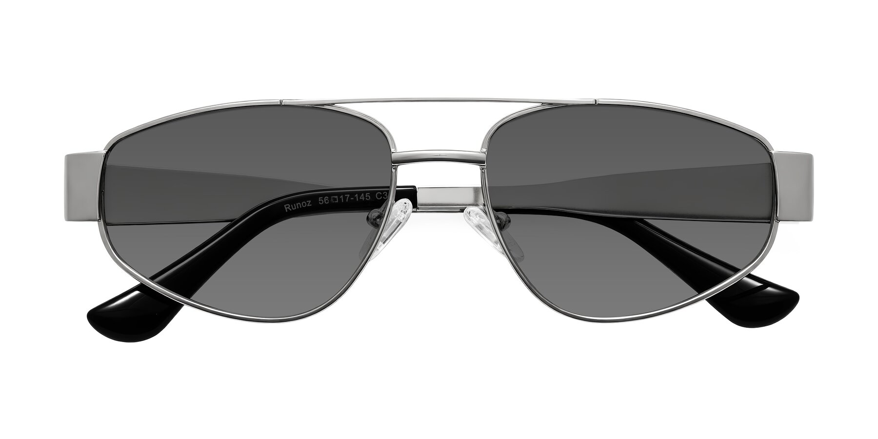 Folded Front of Runoz in Silver with Medium Gray Tinted Lenses