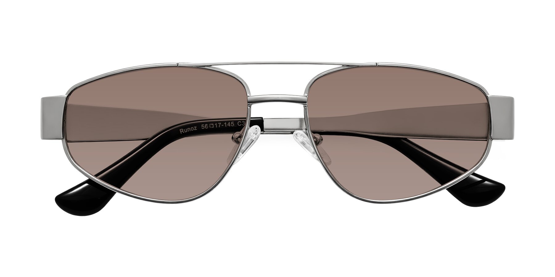 Folded Front of Runoz in Silver with Medium Brown Tinted Lenses