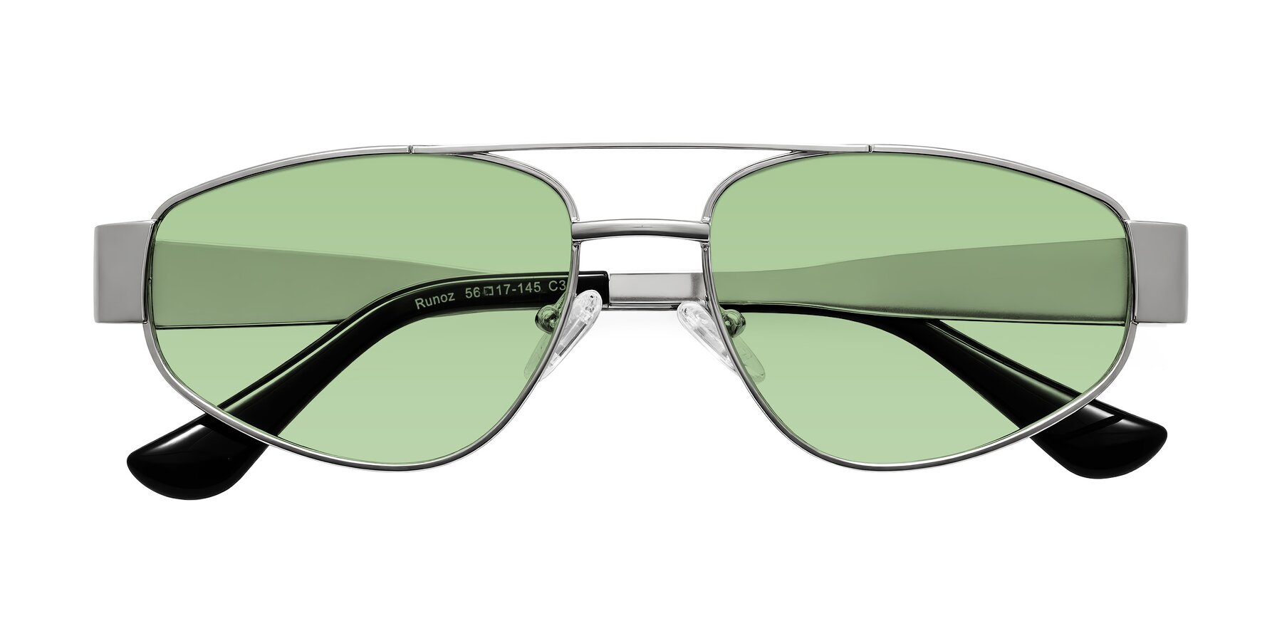 Folded Front of Runoz in Silver with Medium Green Tinted Lenses
