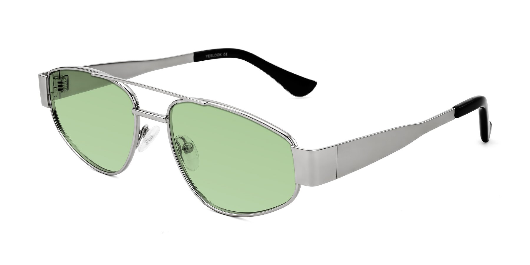 Angle of Runoz in Silver with Medium Green Tinted Lenses