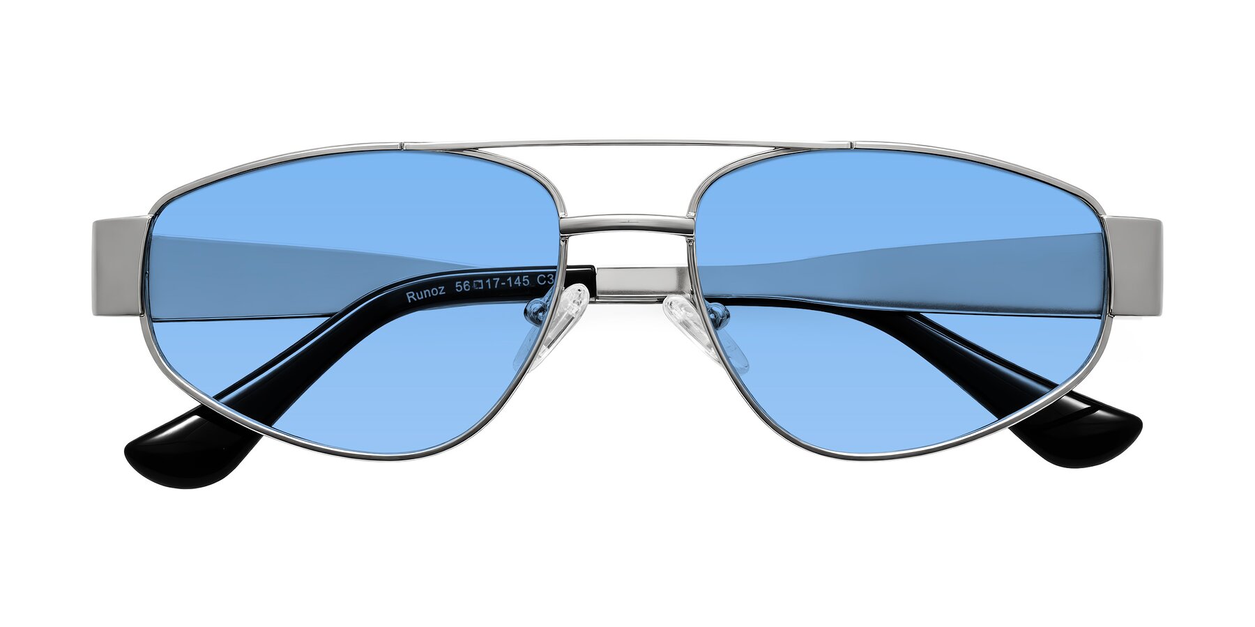 Folded Front of Runoz in Silver with Medium Blue Tinted Lenses