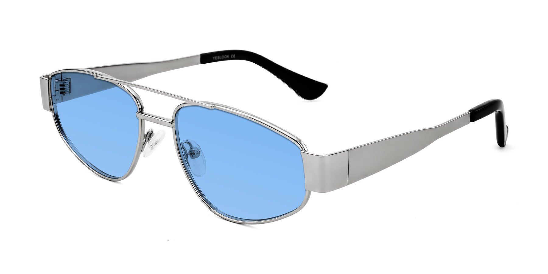 Angle of Runoz in Silver with Medium Blue Tinted Lenses