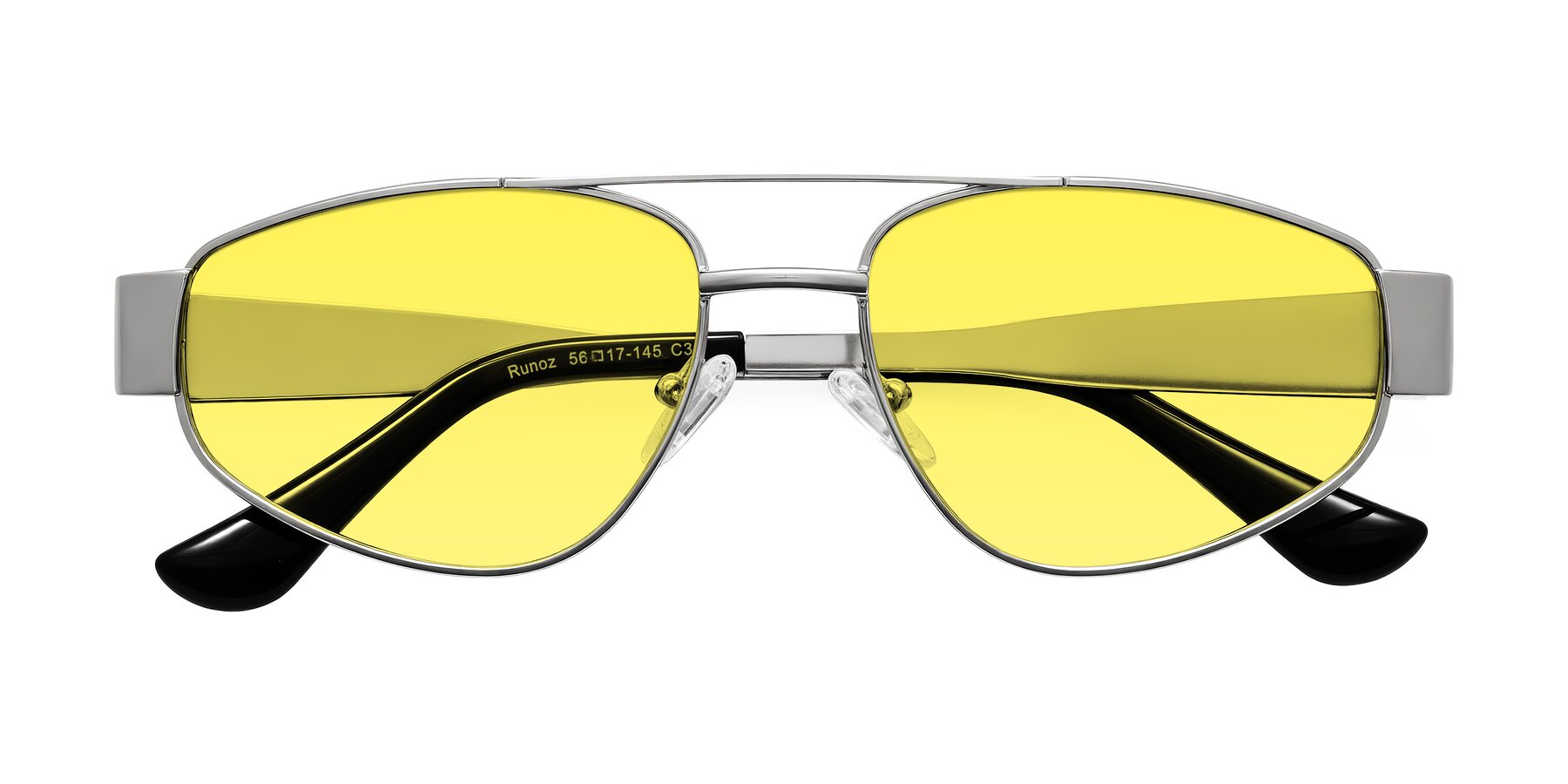 Folded Front of Runoz in Silver with Medium Yellow Tinted Lenses