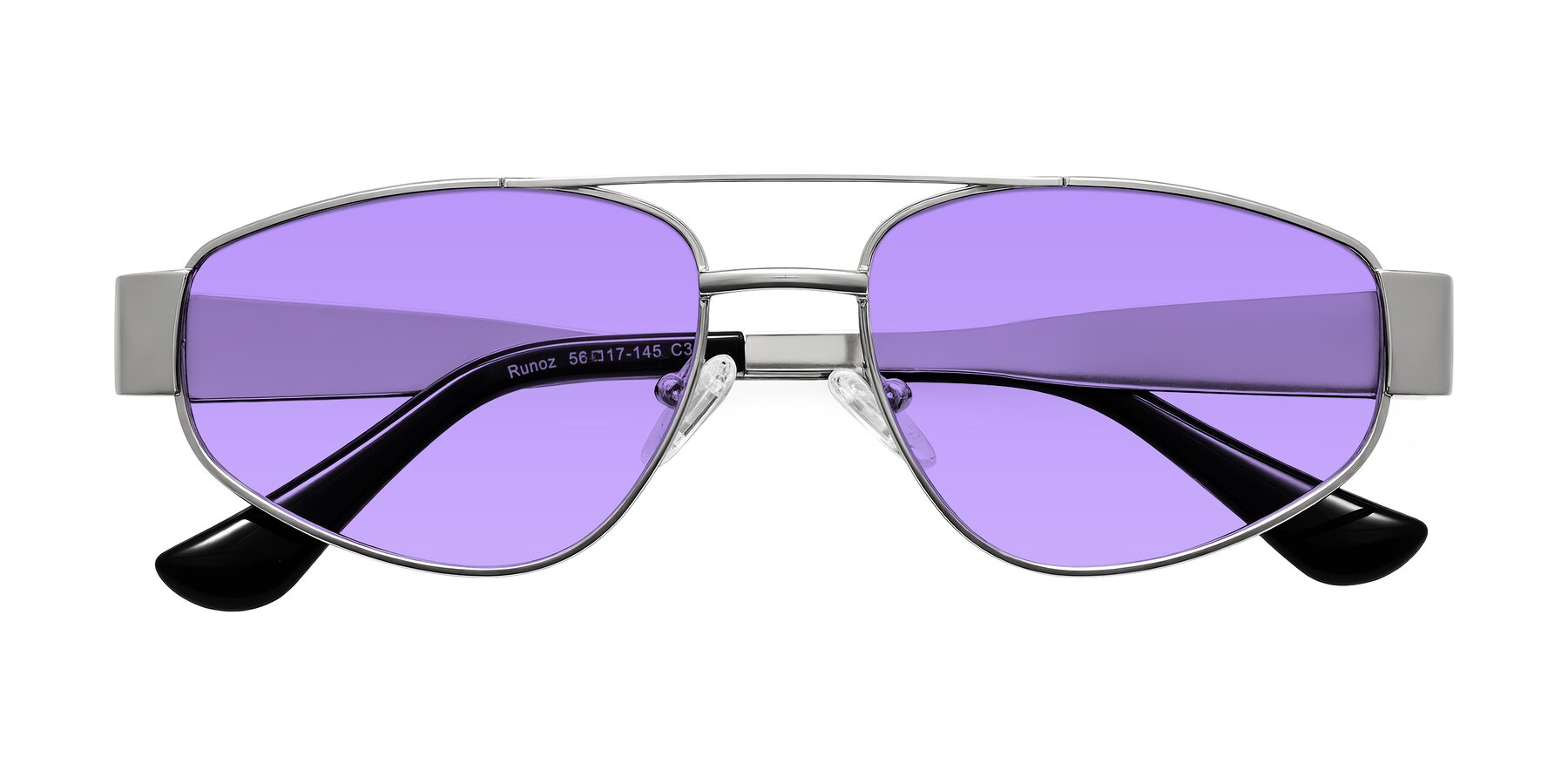 Folded Front of Runoz in Silver with Medium Purple Tinted Lenses