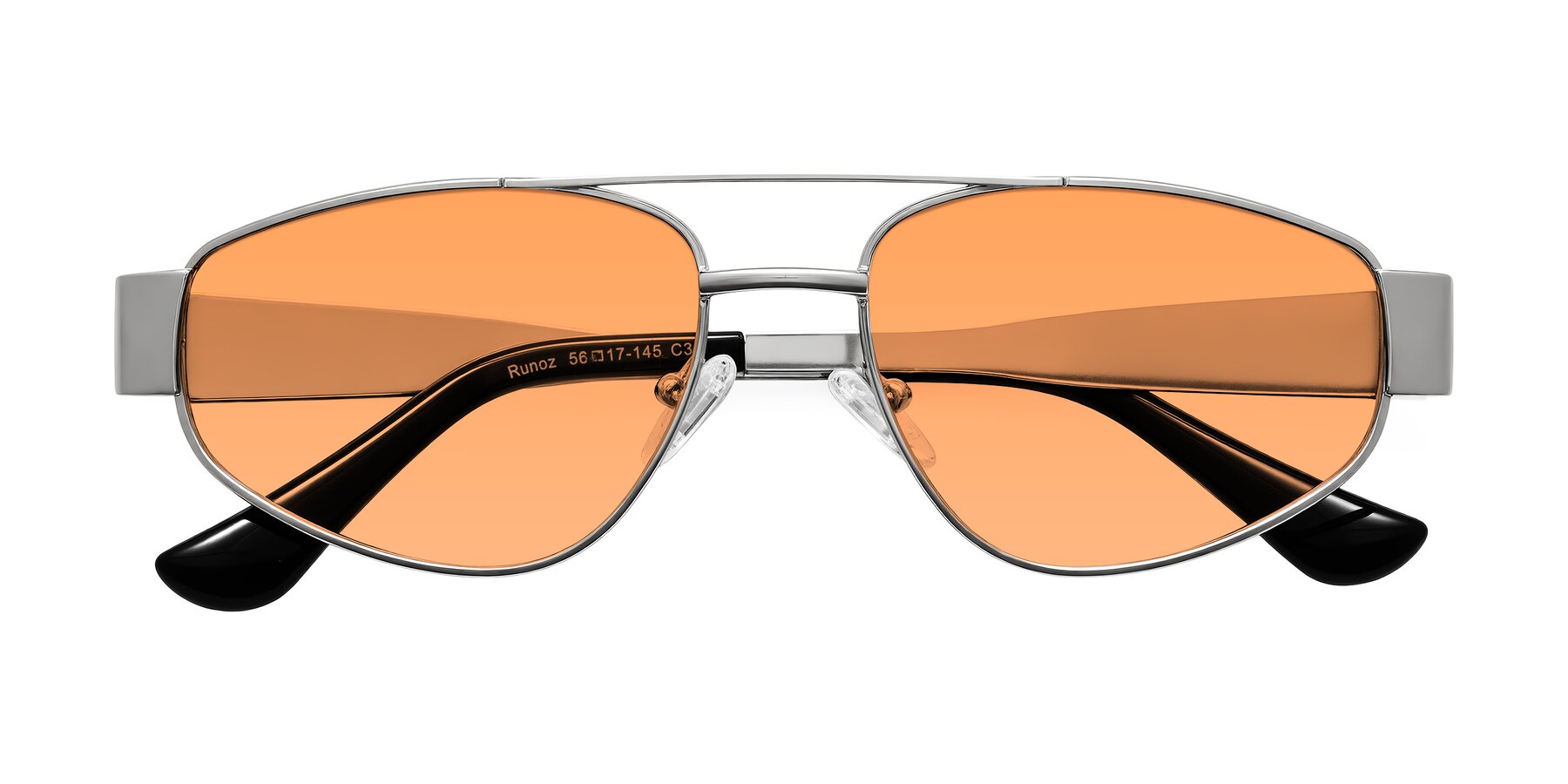 Folded Front of Runoz in Silver with Medium Orange Tinted Lenses