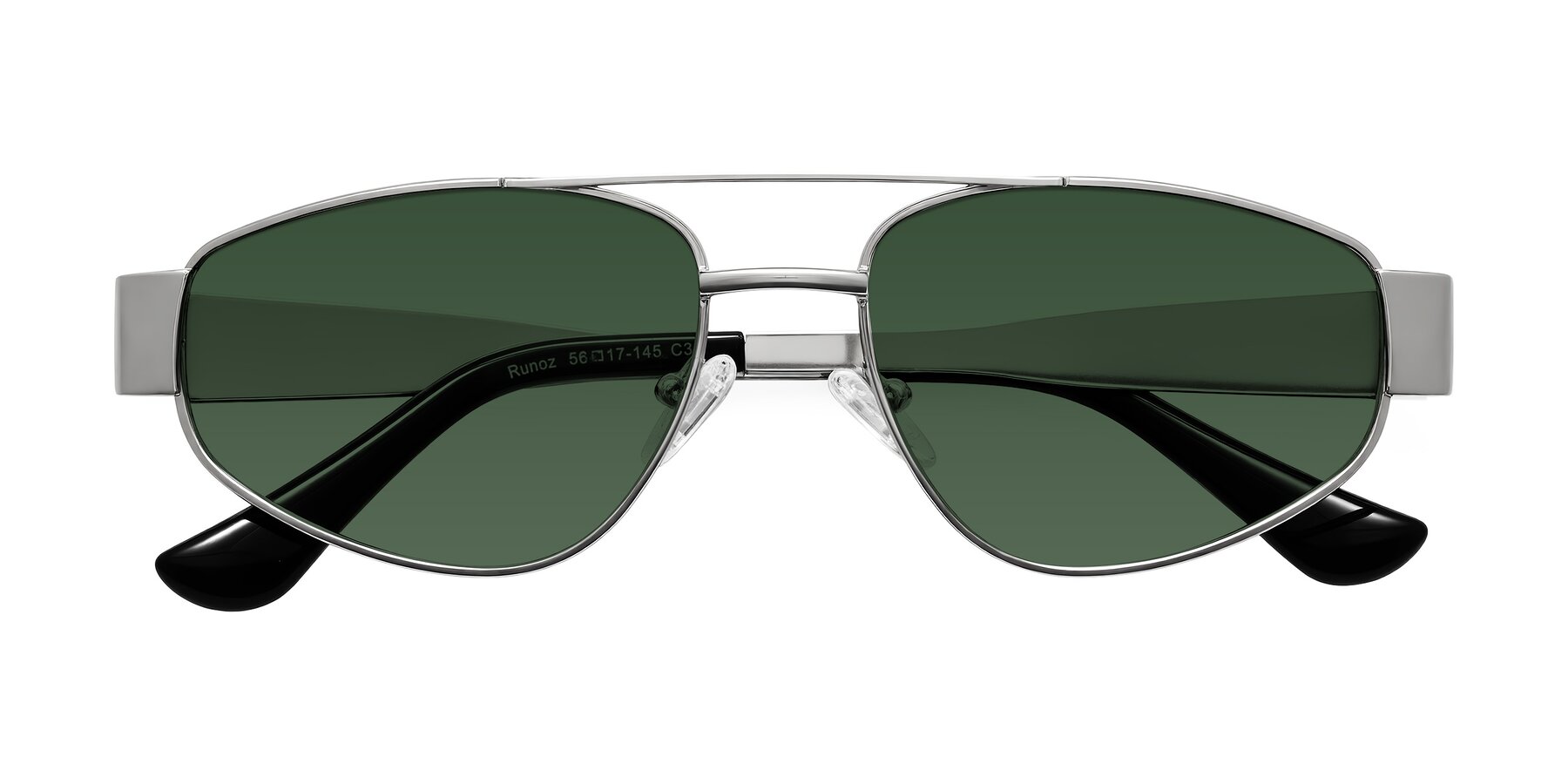 Folded Front of Runoz in Silver with Green Tinted Lenses