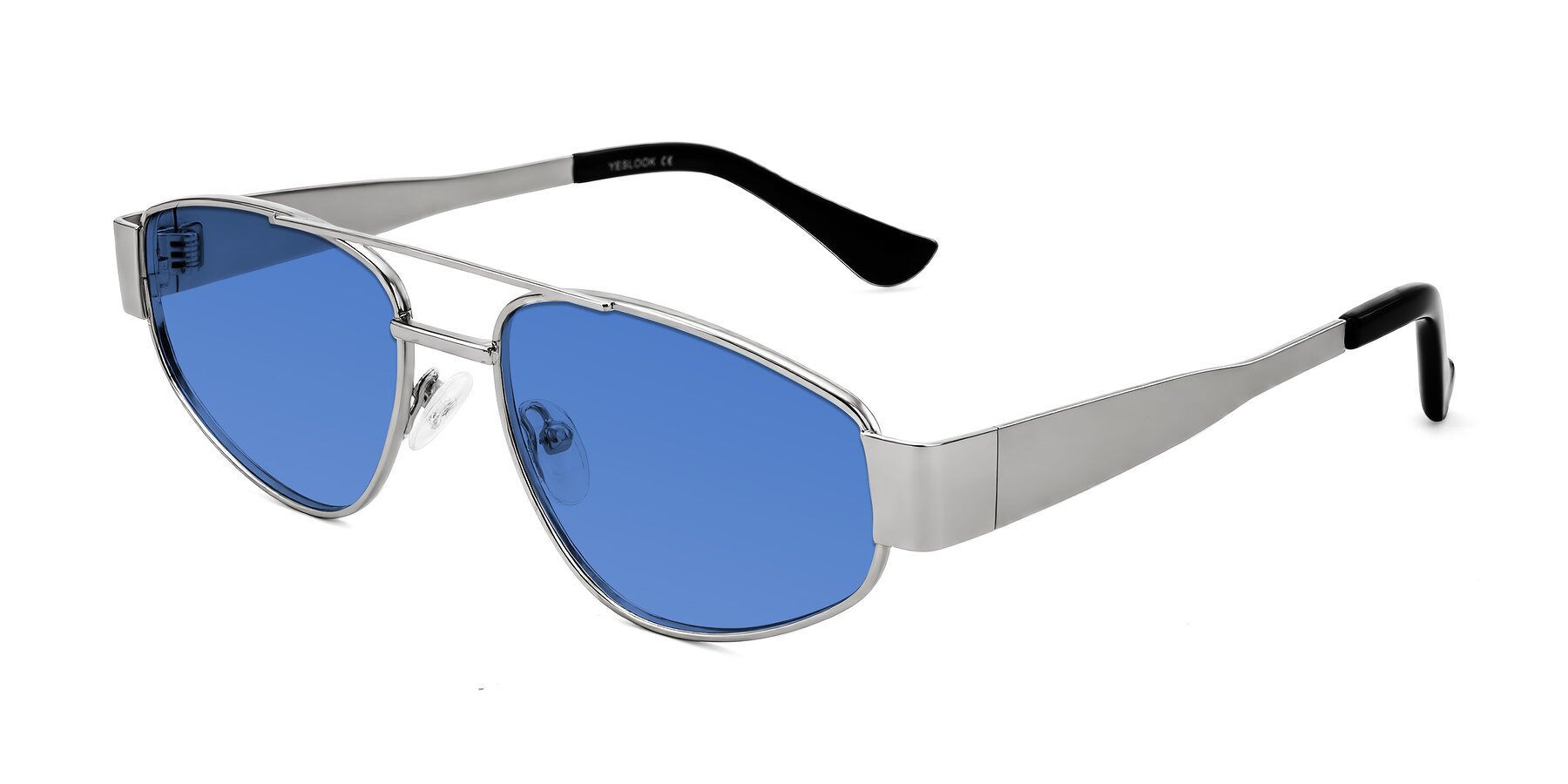 Angle of Runoz in Silver with Blue Tinted Lenses