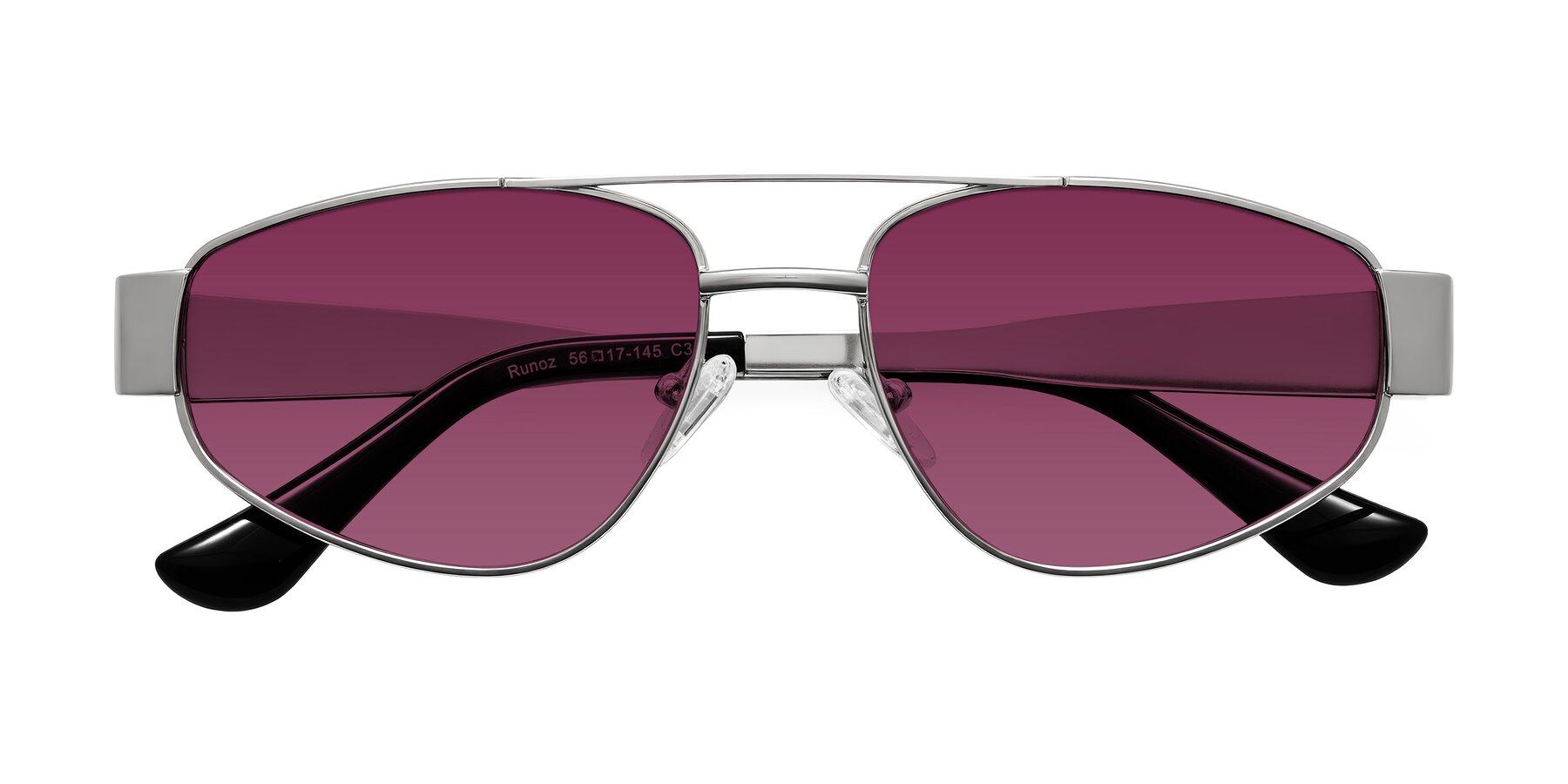 Folded Front of Runoz in Silver with Wine Tinted Lenses