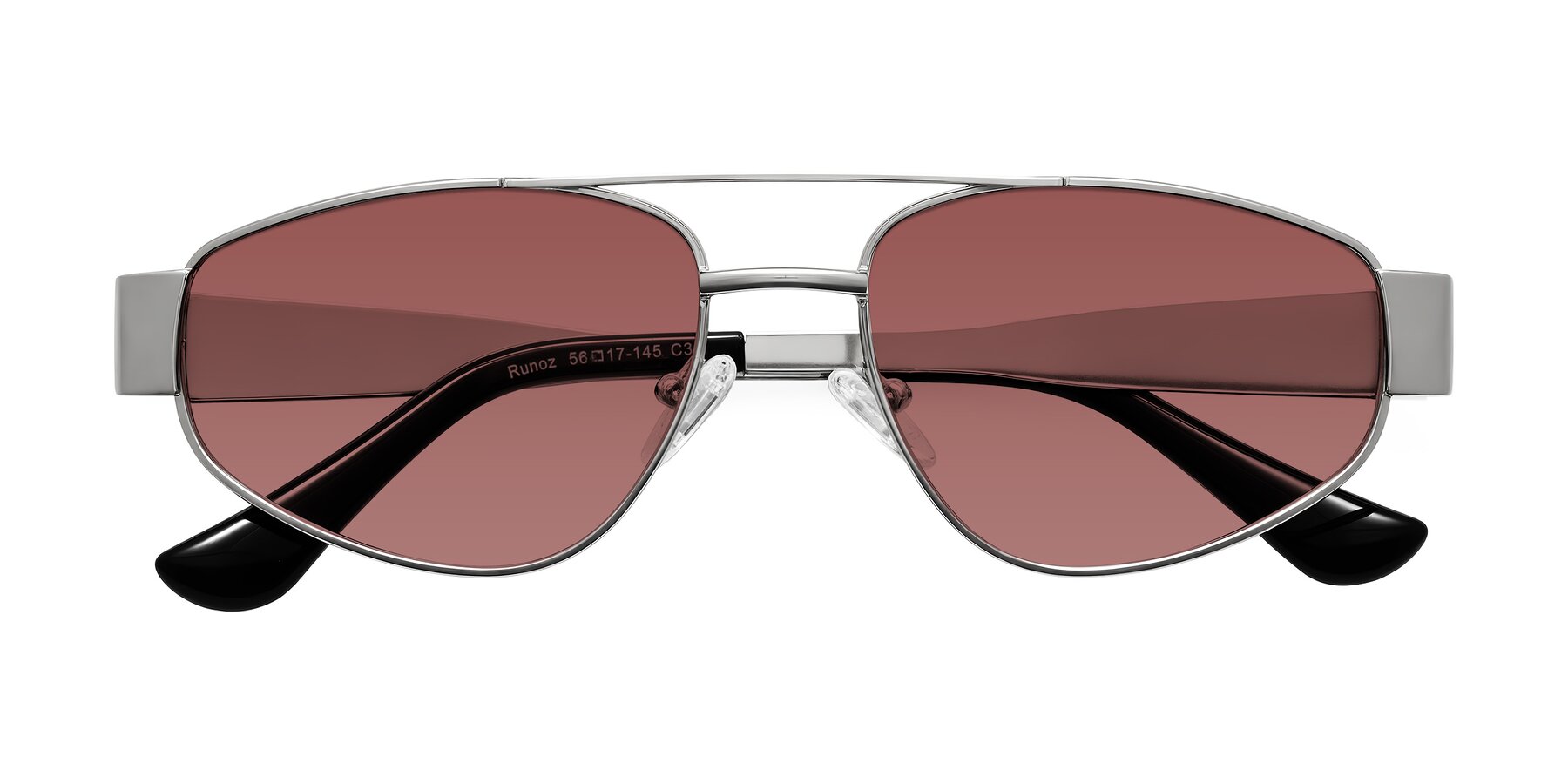 Folded Front of Runoz in Silver with Garnet Tinted Lenses