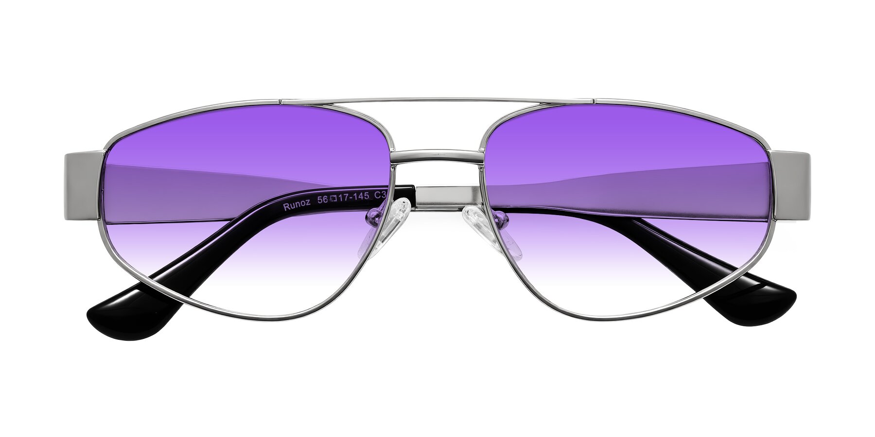 Folded Front of Runoz in Silver with Purple Gradient Lenses