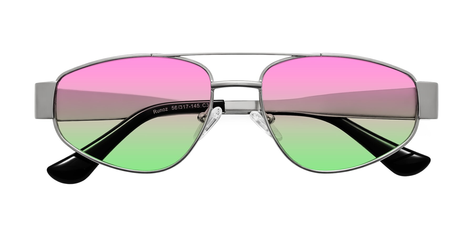 Folded Front of Runoz in Silver with Pink / Green Gradient Lenses