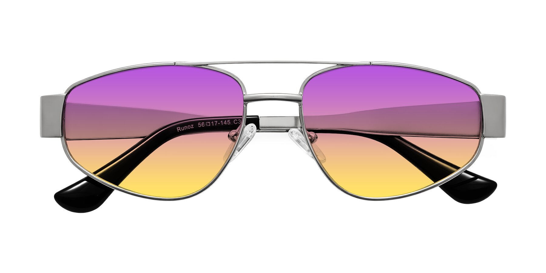Folded Front of Runoz in Silver with Purple / Yellow Gradient Lenses