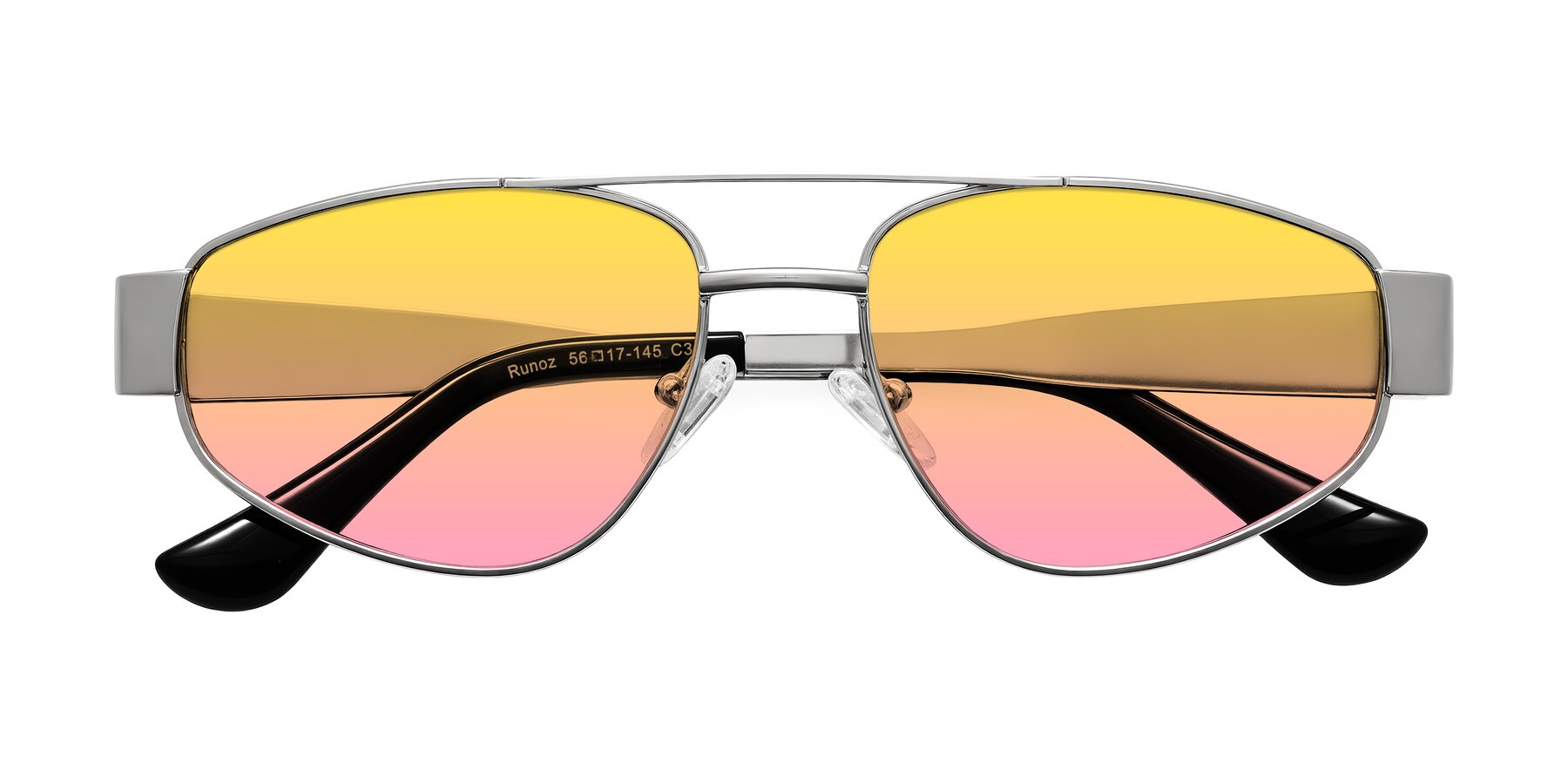 Folded Front of Runoz in Silver with Yellow / Pink Gradient Lenses