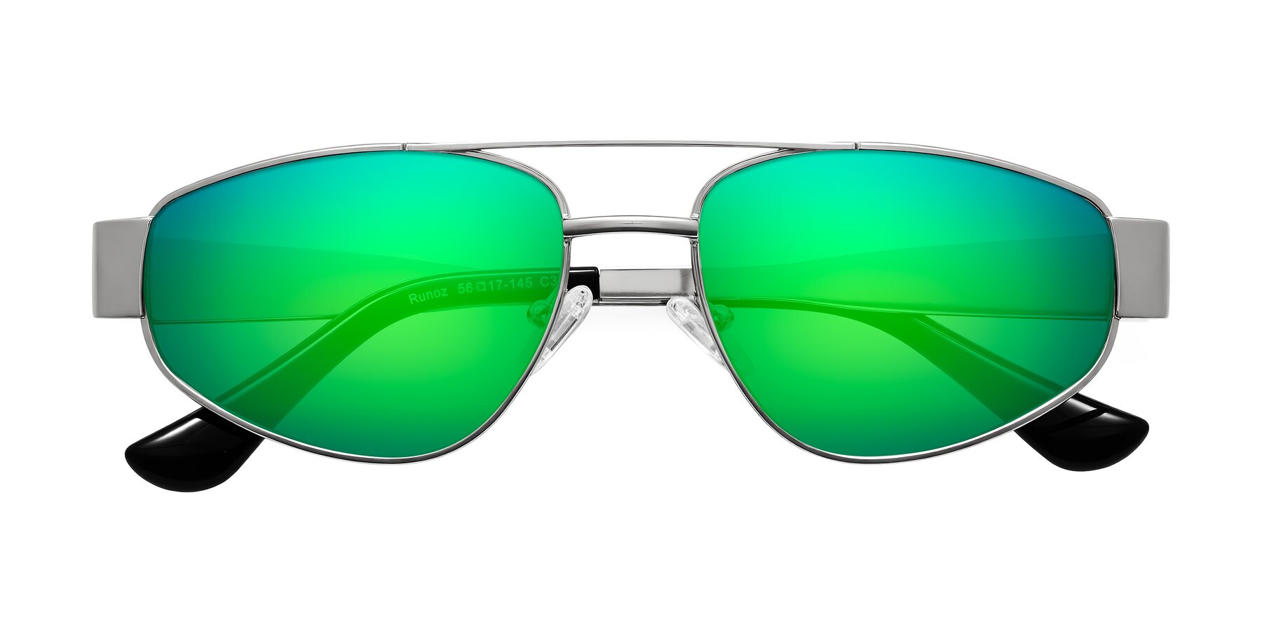 Folded Front of Runoz in Silver with Green Mirrored Lenses