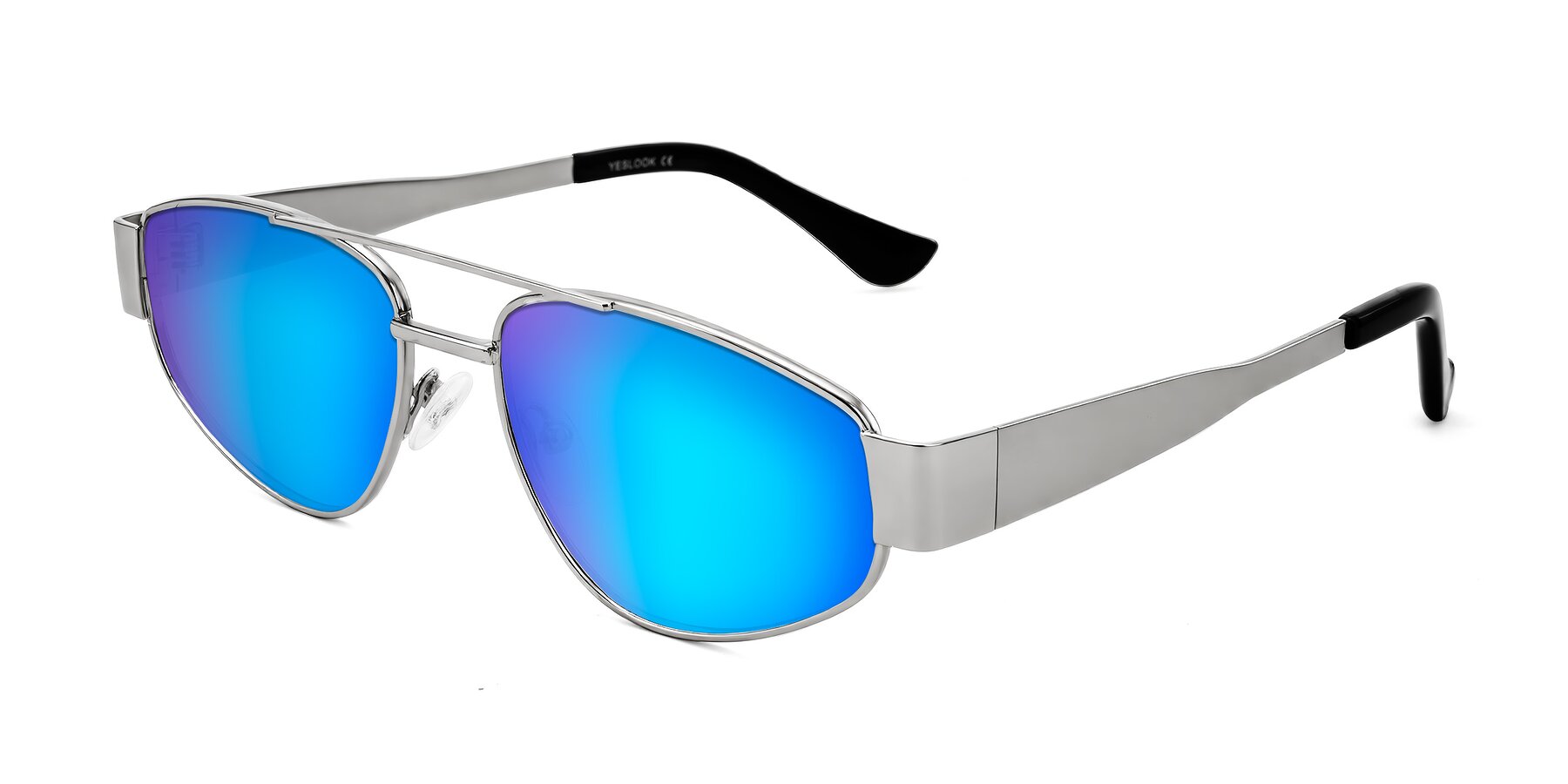 Angle of Runoz in Silver with Blue Mirrored Lenses