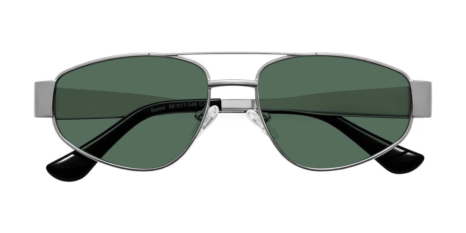 Folded Front of Runoz in Silver with Green Polarized Lenses