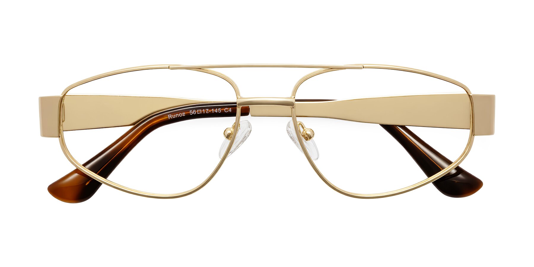 Folded Front of Runoz in Gold with Clear Eyeglass Lenses