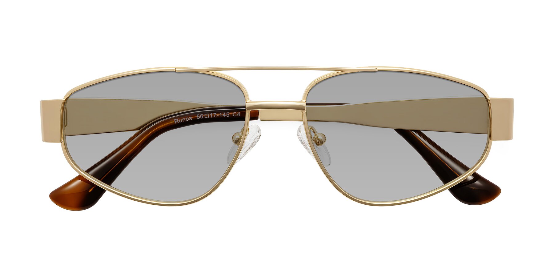 Folded Front of Runoz in Gold with Light Gray Tinted Lenses
