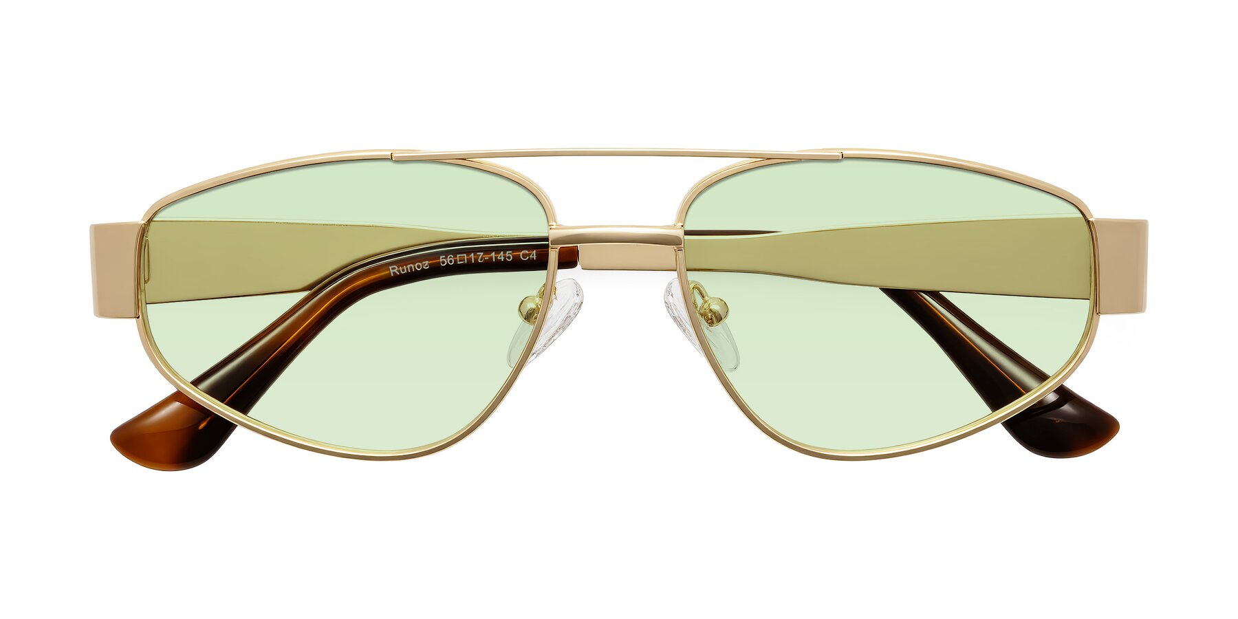 Folded Front of Runoz in Gold with Light Green Tinted Lenses