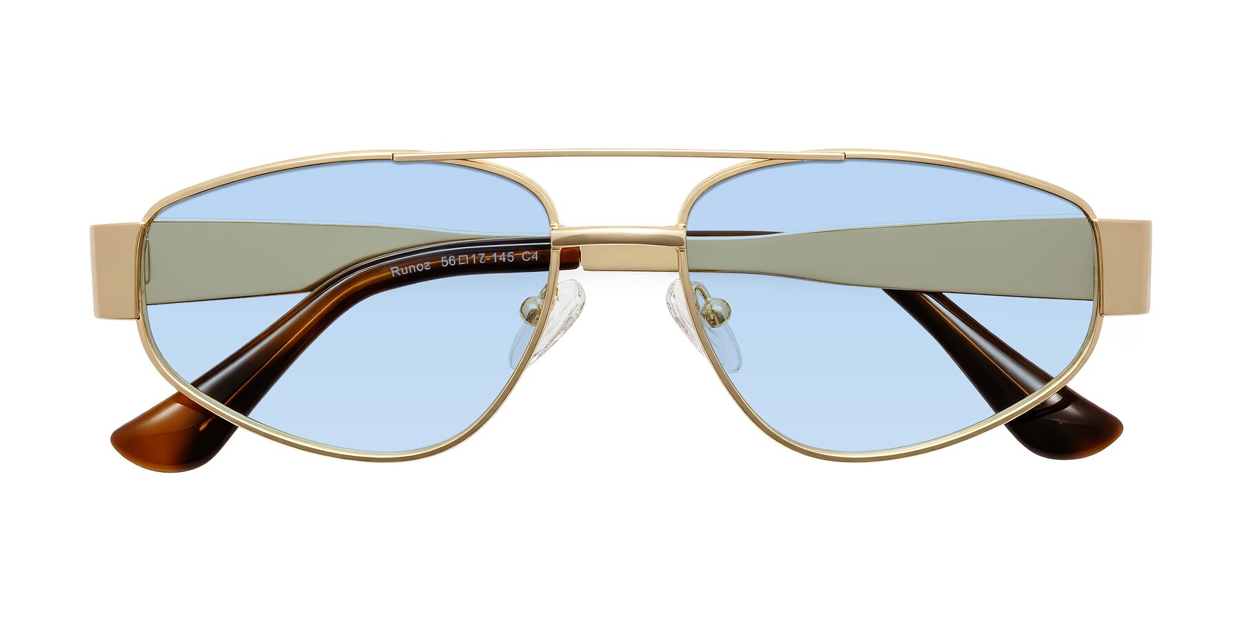 Folded Front of Runoz in Gold with Light Blue Tinted Lenses