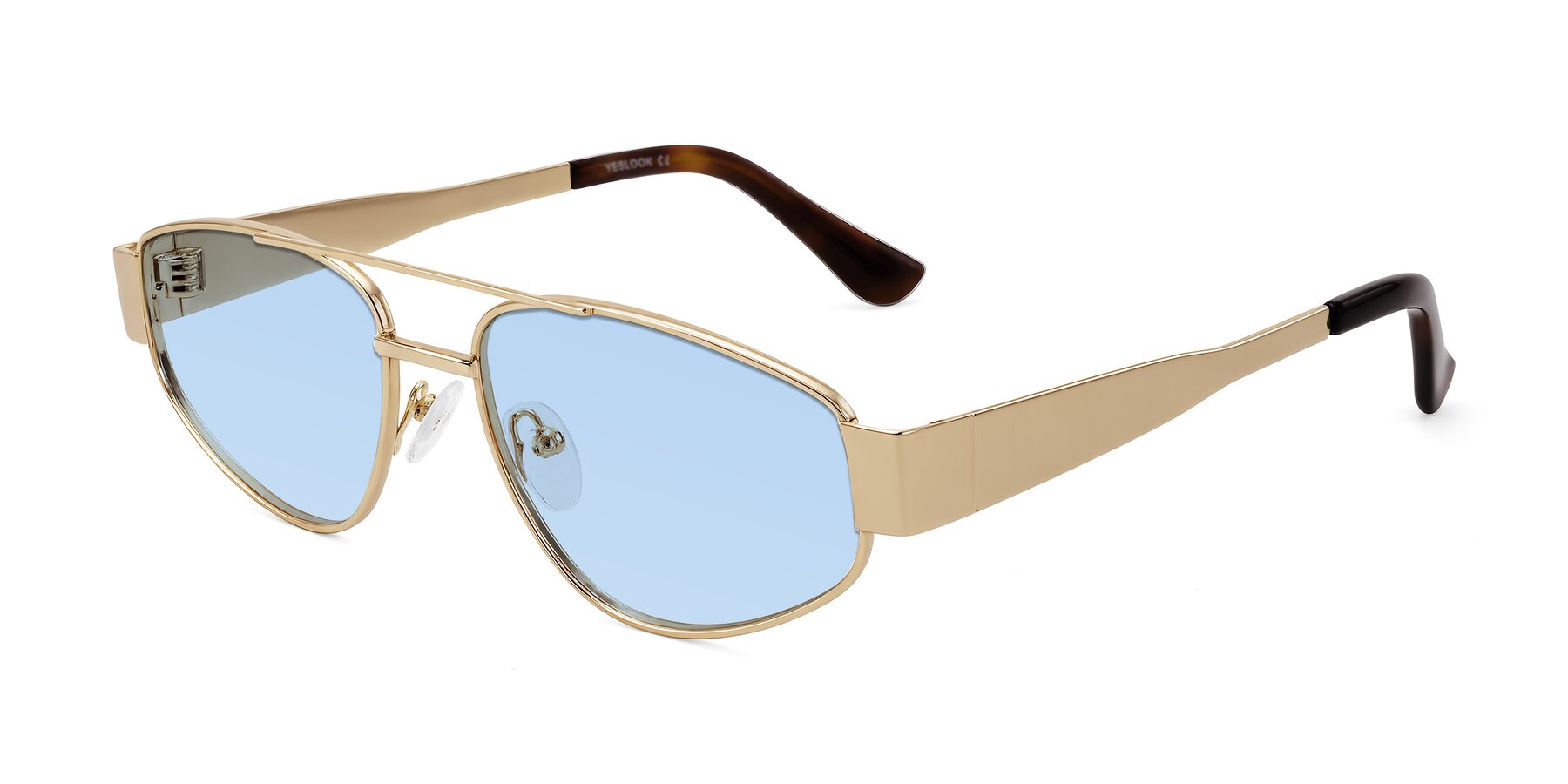 Angle of Runoz in Gold with Light Blue Tinted Lenses
