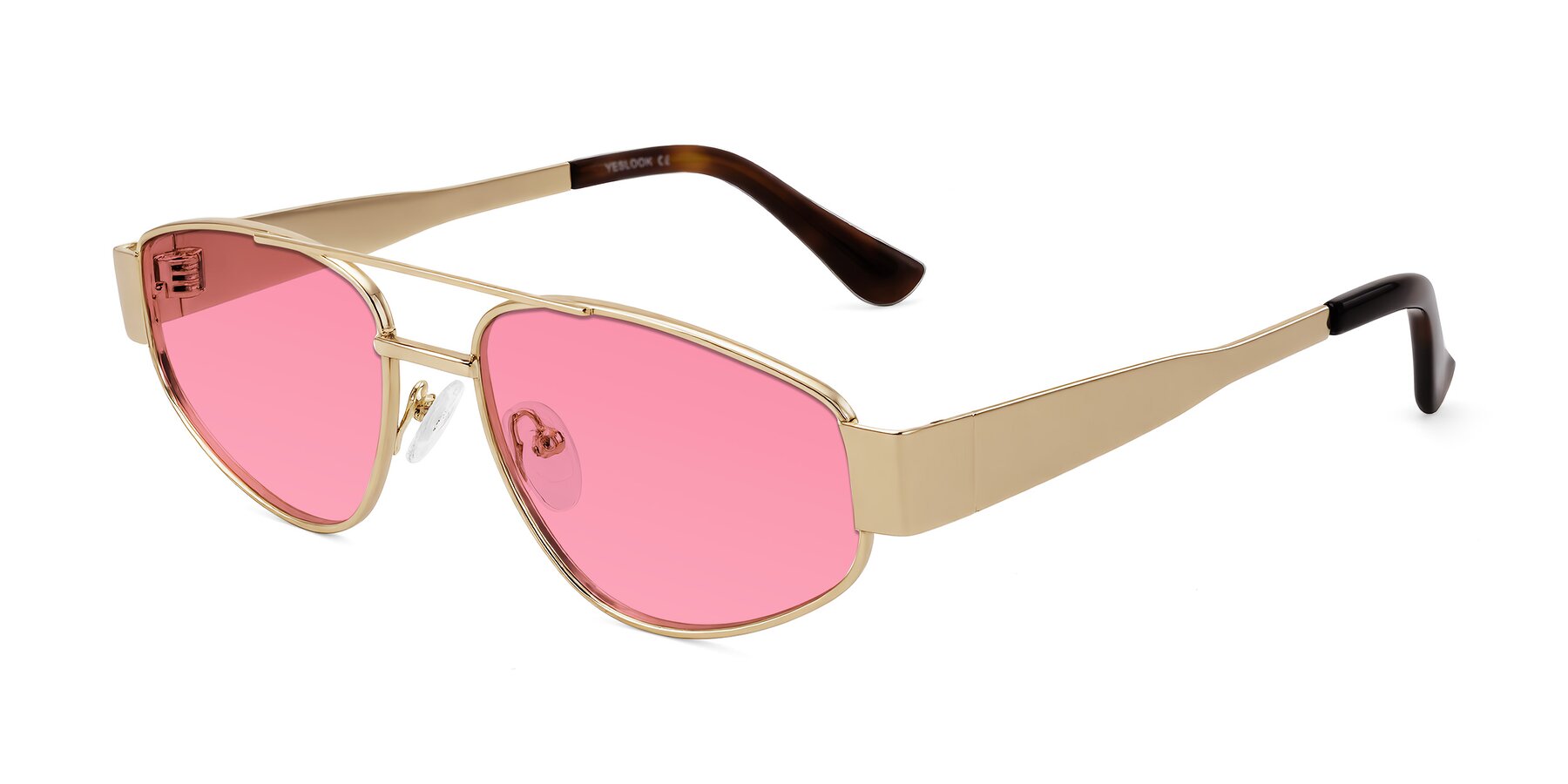 Angle of Runoz in Gold with Pink Tinted Lenses