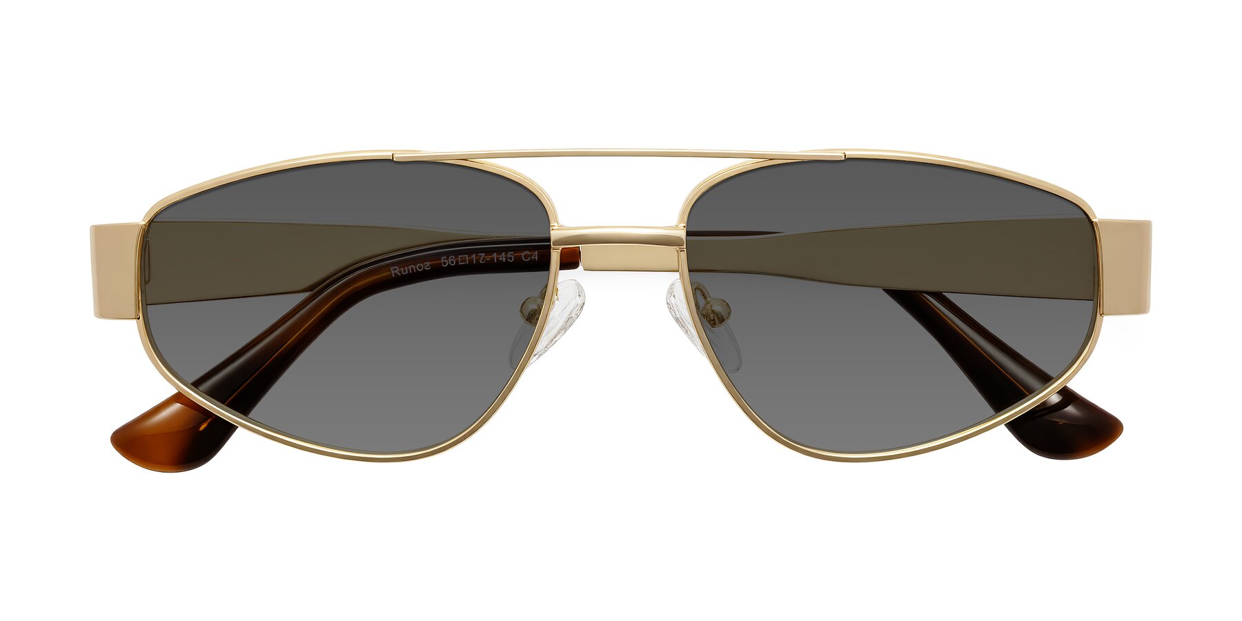 Folded Front of Runoz in Gold with Medium Gray Tinted Lenses