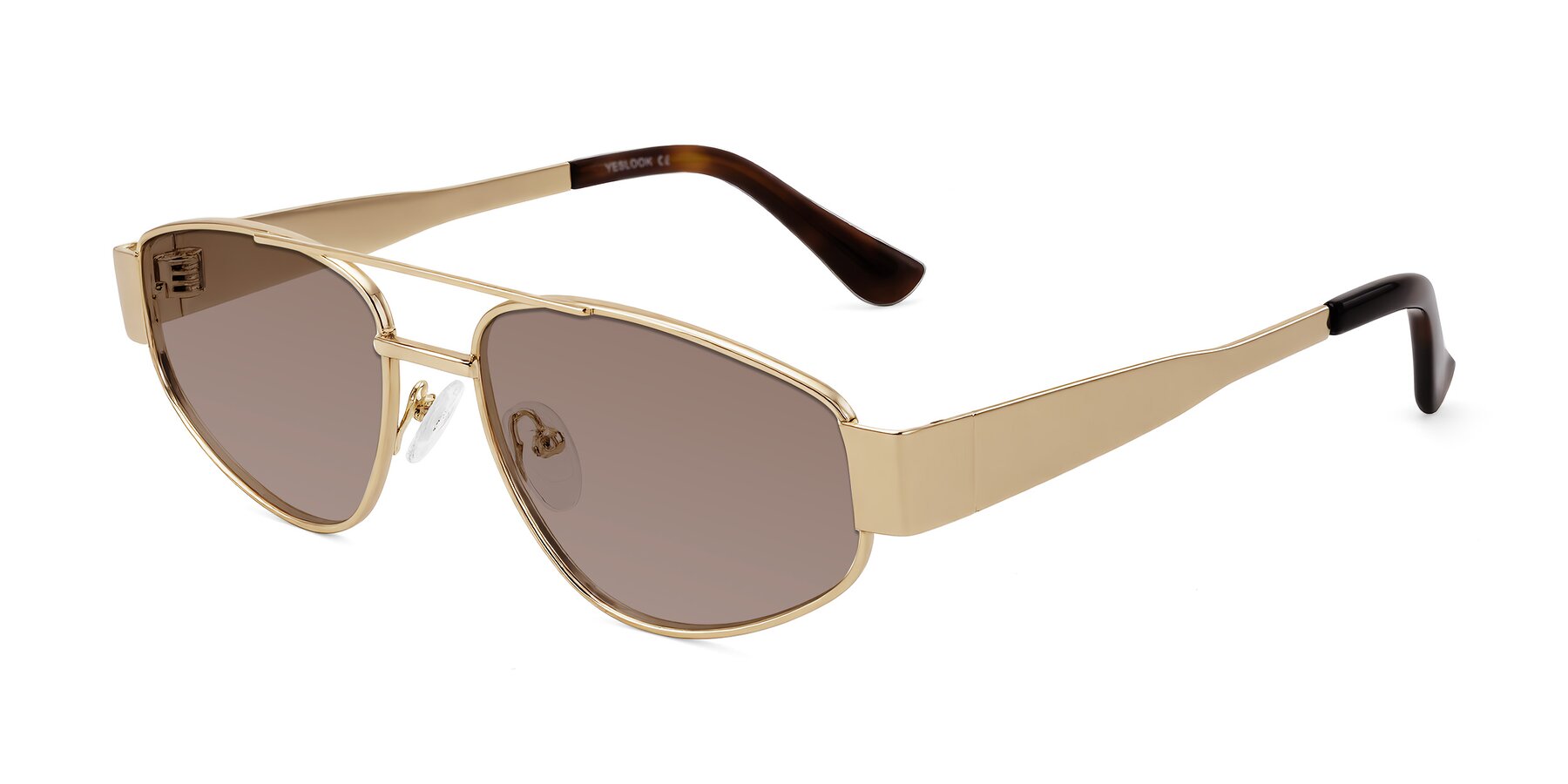 Angle of Runoz in Gold with Medium Brown Tinted Lenses