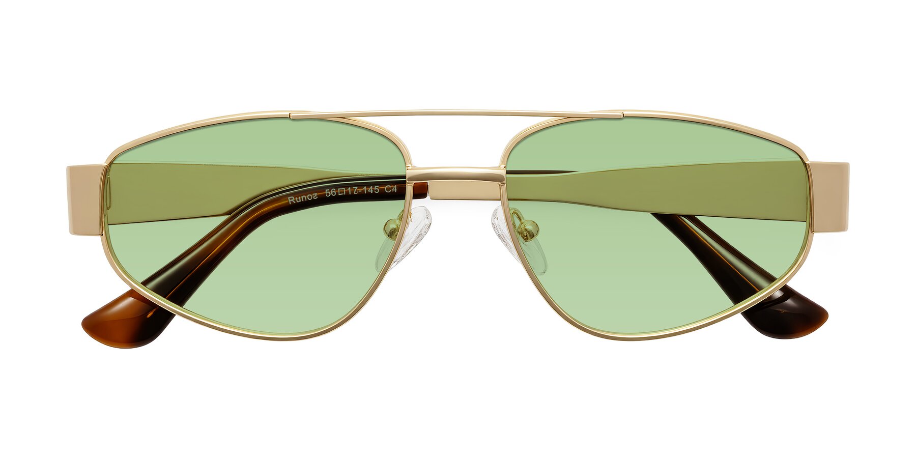 Folded Front of Runoz in Gold with Medium Green Tinted Lenses