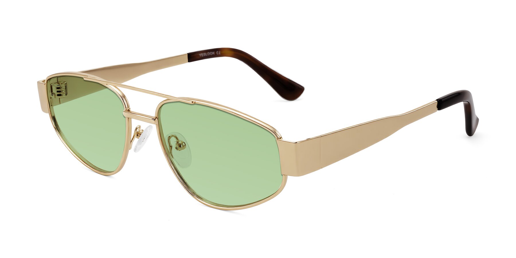 Angle of Runoz in Gold with Medium Green Tinted Lenses