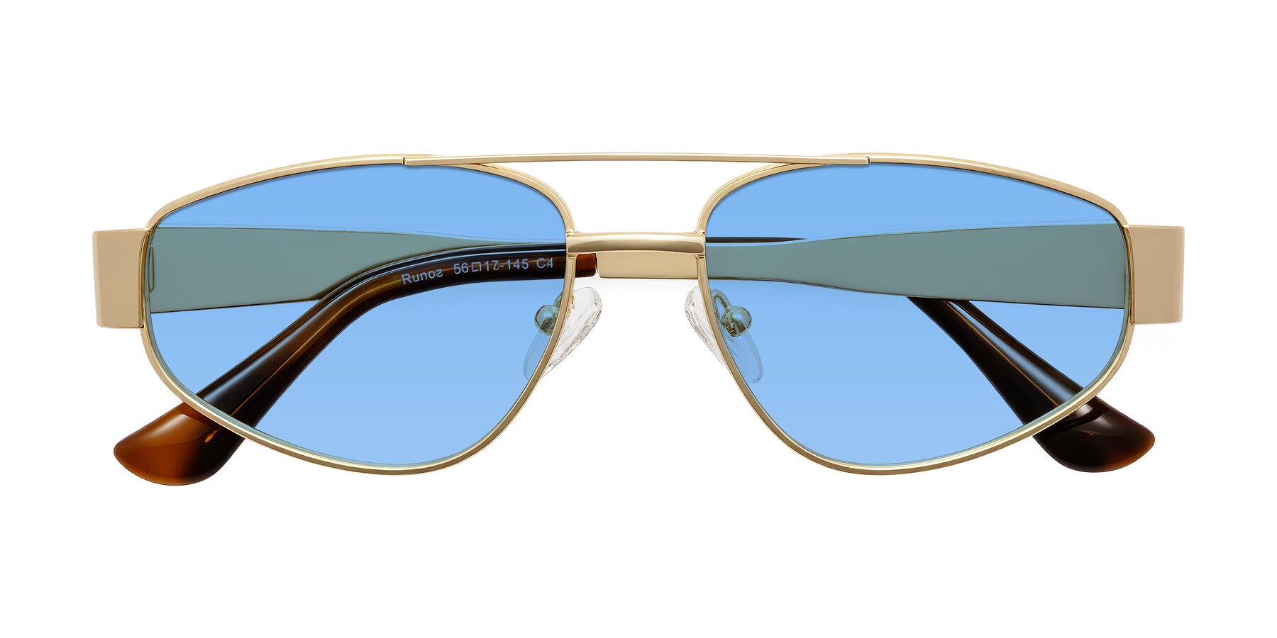 Folded Front of Runoz in Gold with Medium Blue Tinted Lenses