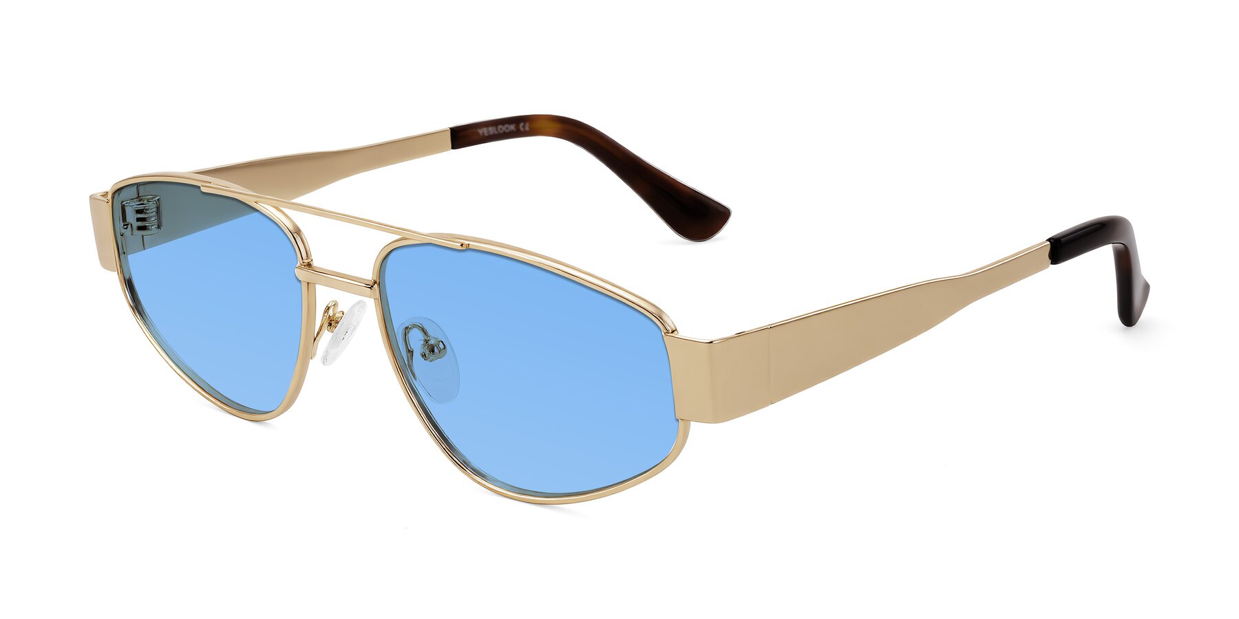 Angle of Runoz in Gold with Medium Blue Tinted Lenses