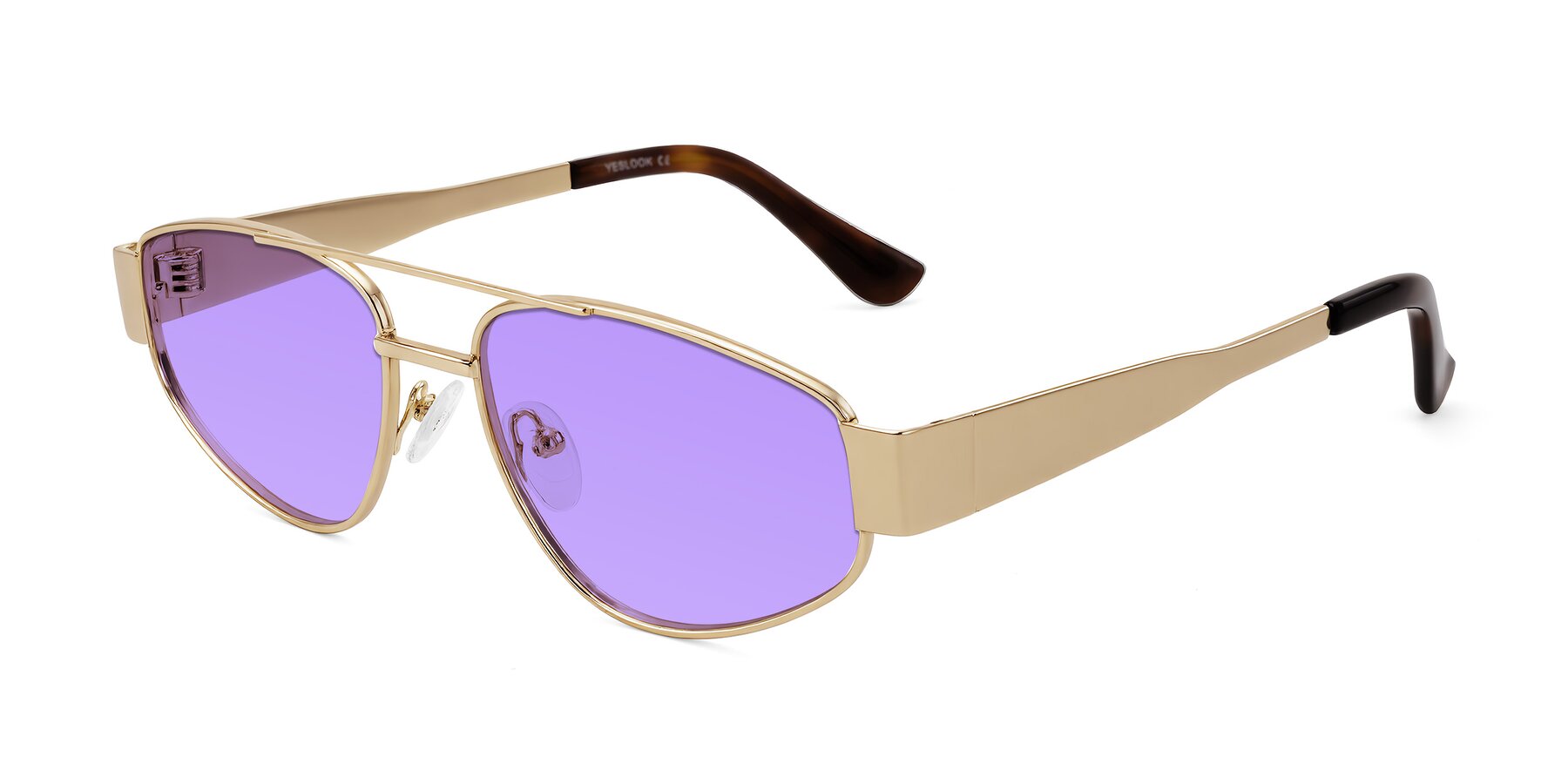Angle of Runoz in Gold with Medium Purple Tinted Lenses