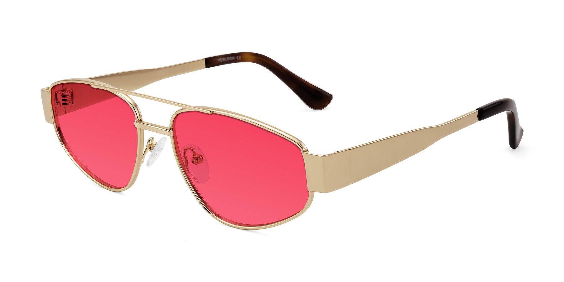 Angle of Runoz in Gold with Red Tinted Lenses
