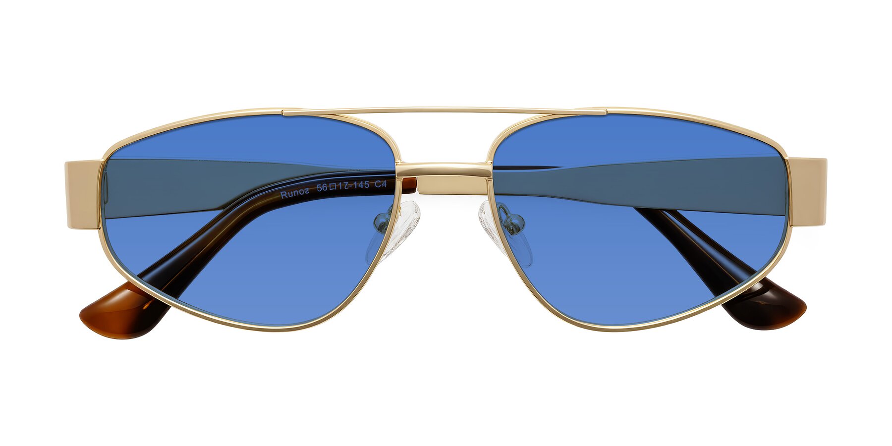 Folded Front of Runoz in Gold with Blue Tinted Lenses