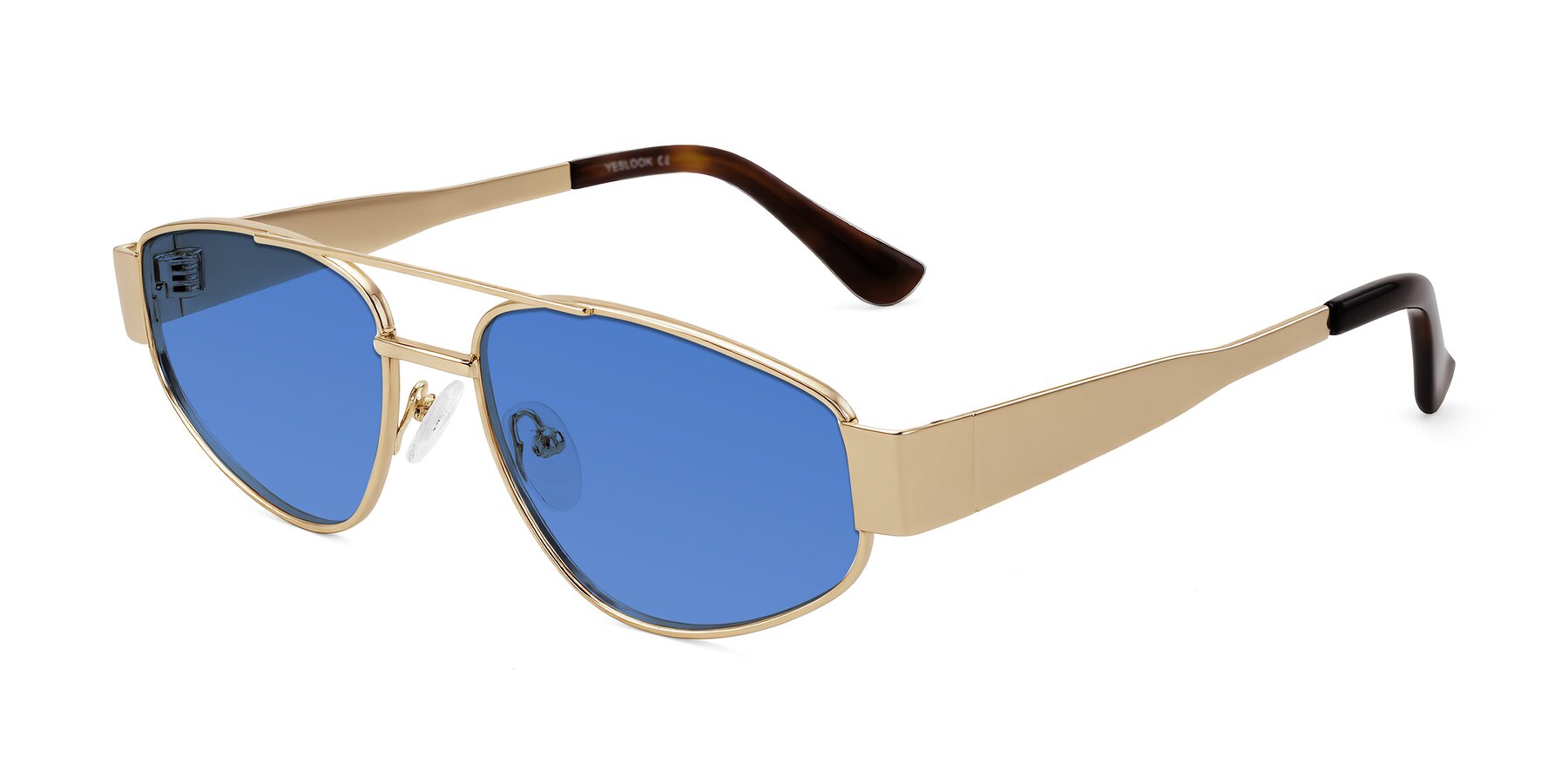 Angle of Runoz in Gold with Blue Tinted Lenses