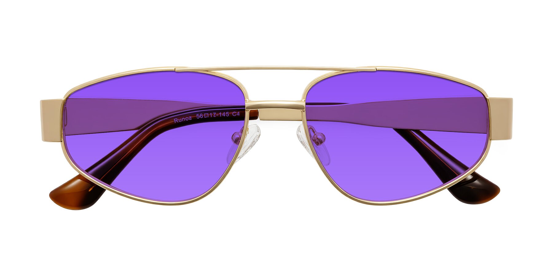 Folded Front of Runoz in Gold with Purple Tinted Lenses