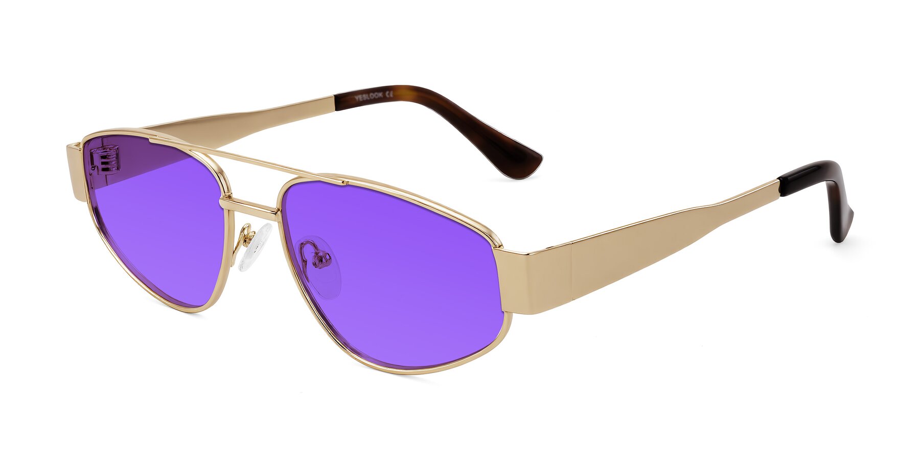 Angle of Runoz in Gold with Purple Tinted Lenses