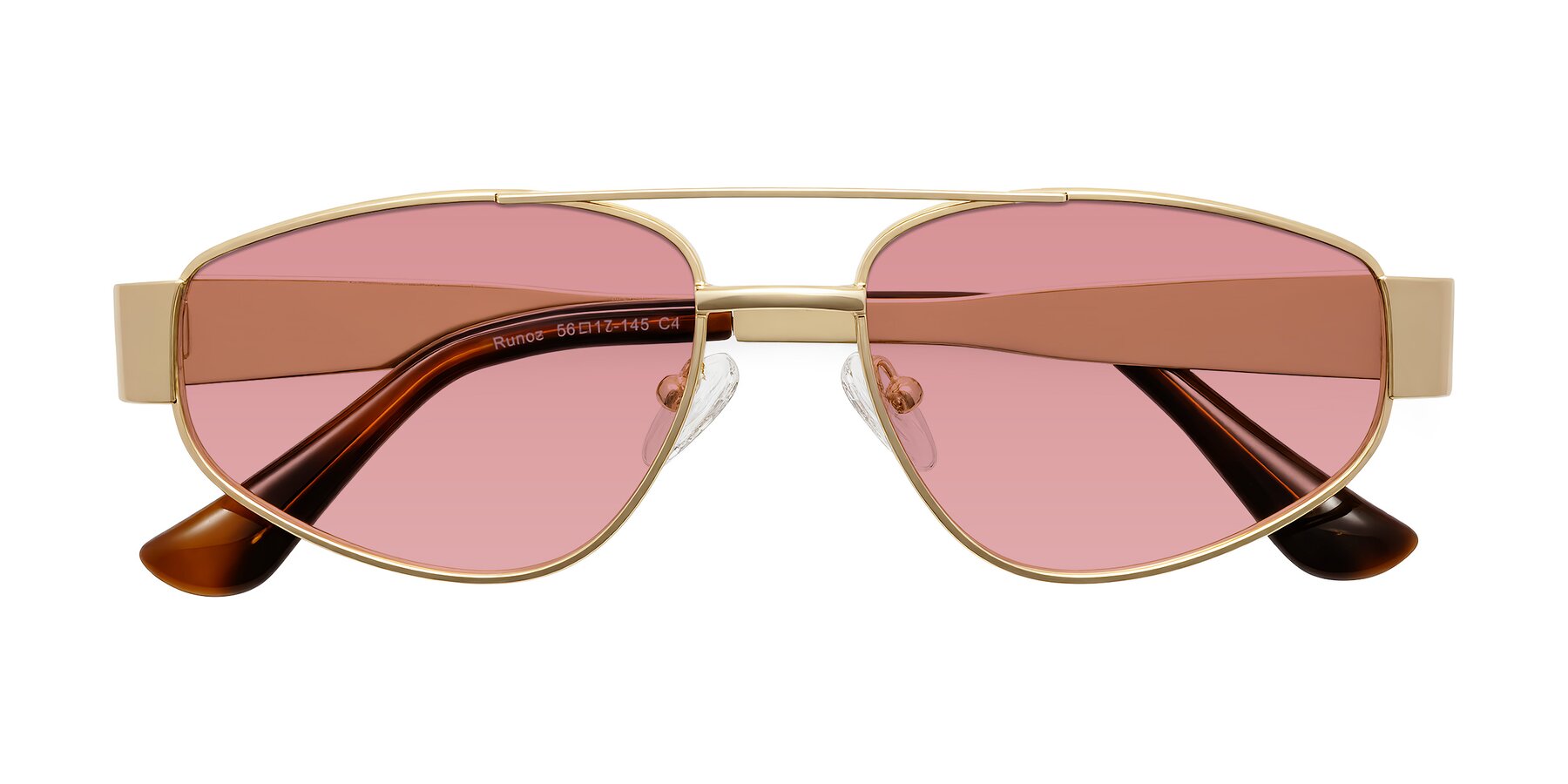 Folded Front of Runoz in Gold with Medium Garnet Tinted Lenses