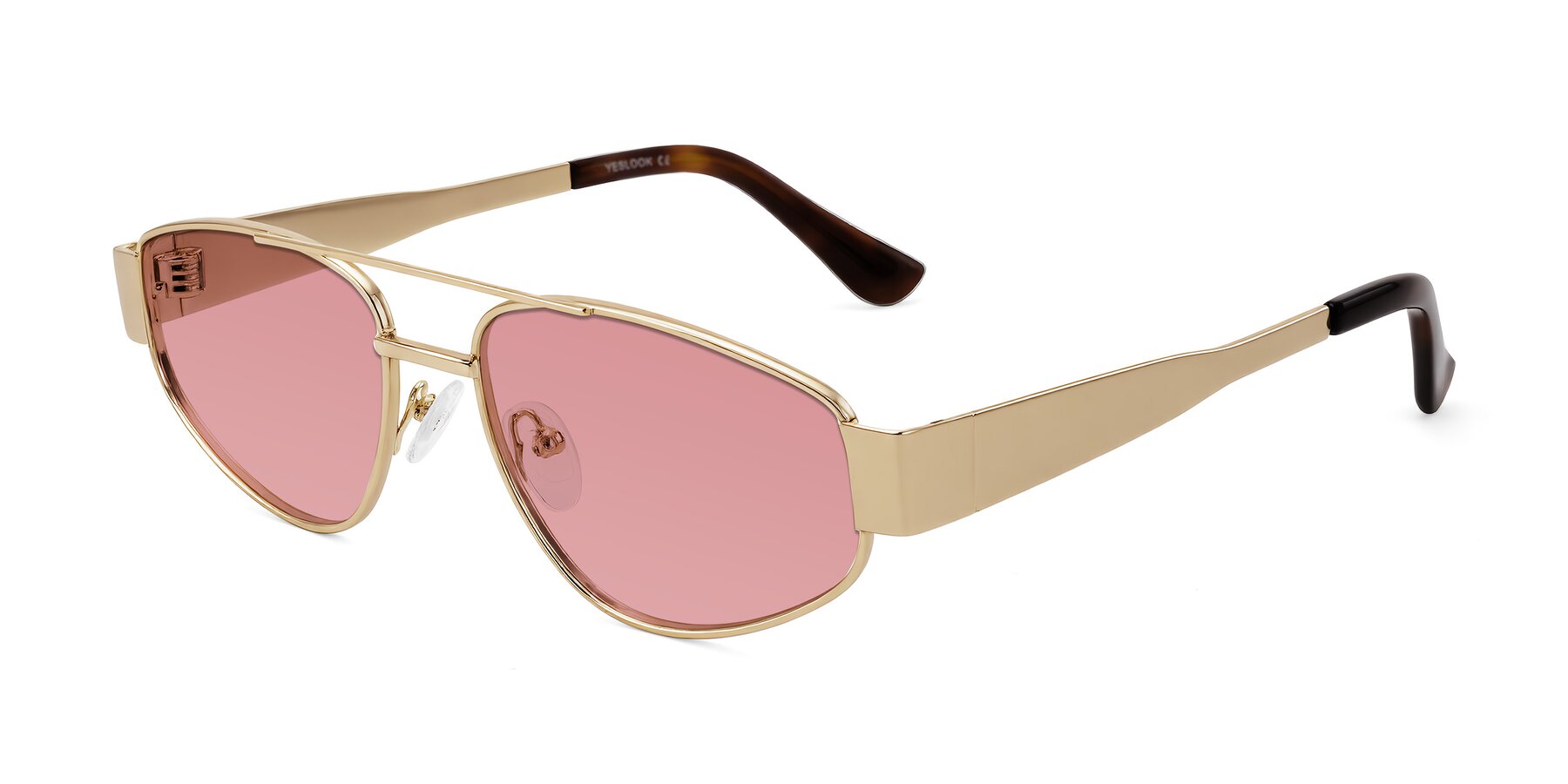 Angle of Runoz in Gold with Medium Garnet Tinted Lenses