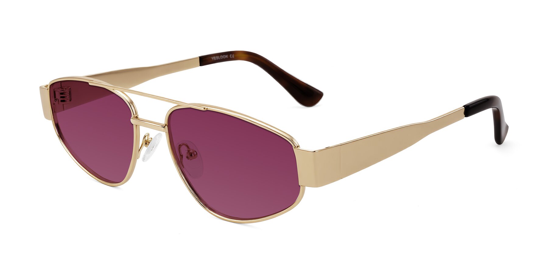 Angle of Runoz in Gold with Wine Tinted Lenses