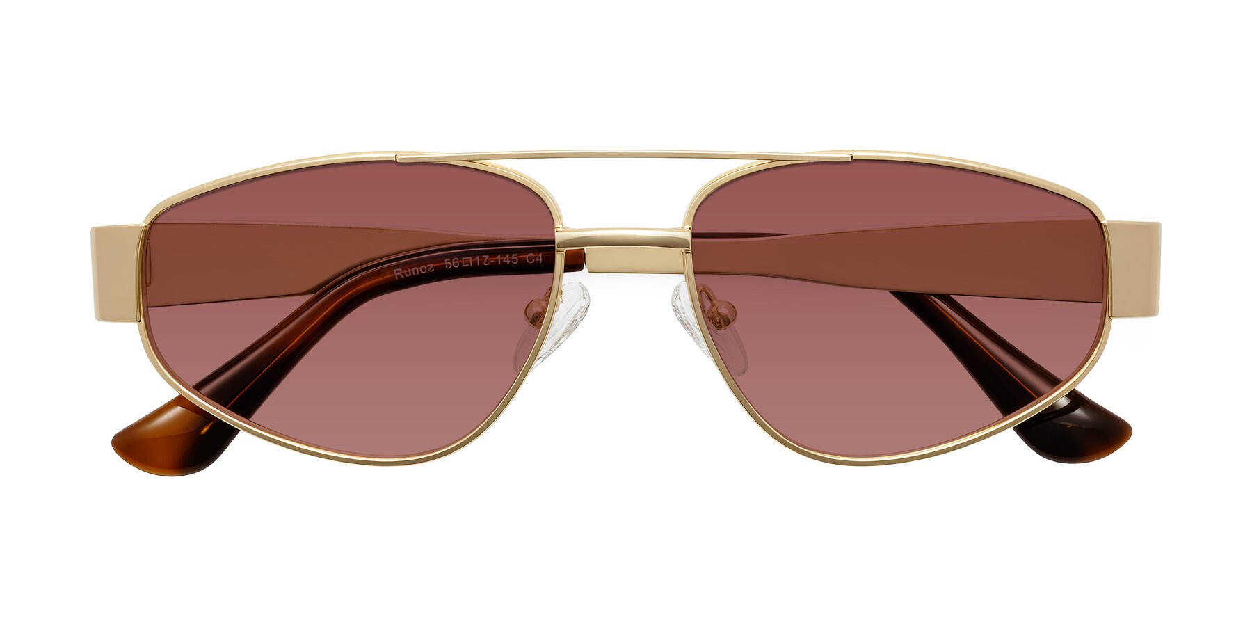Folded Front of Runoz in Gold with Garnet Tinted Lenses